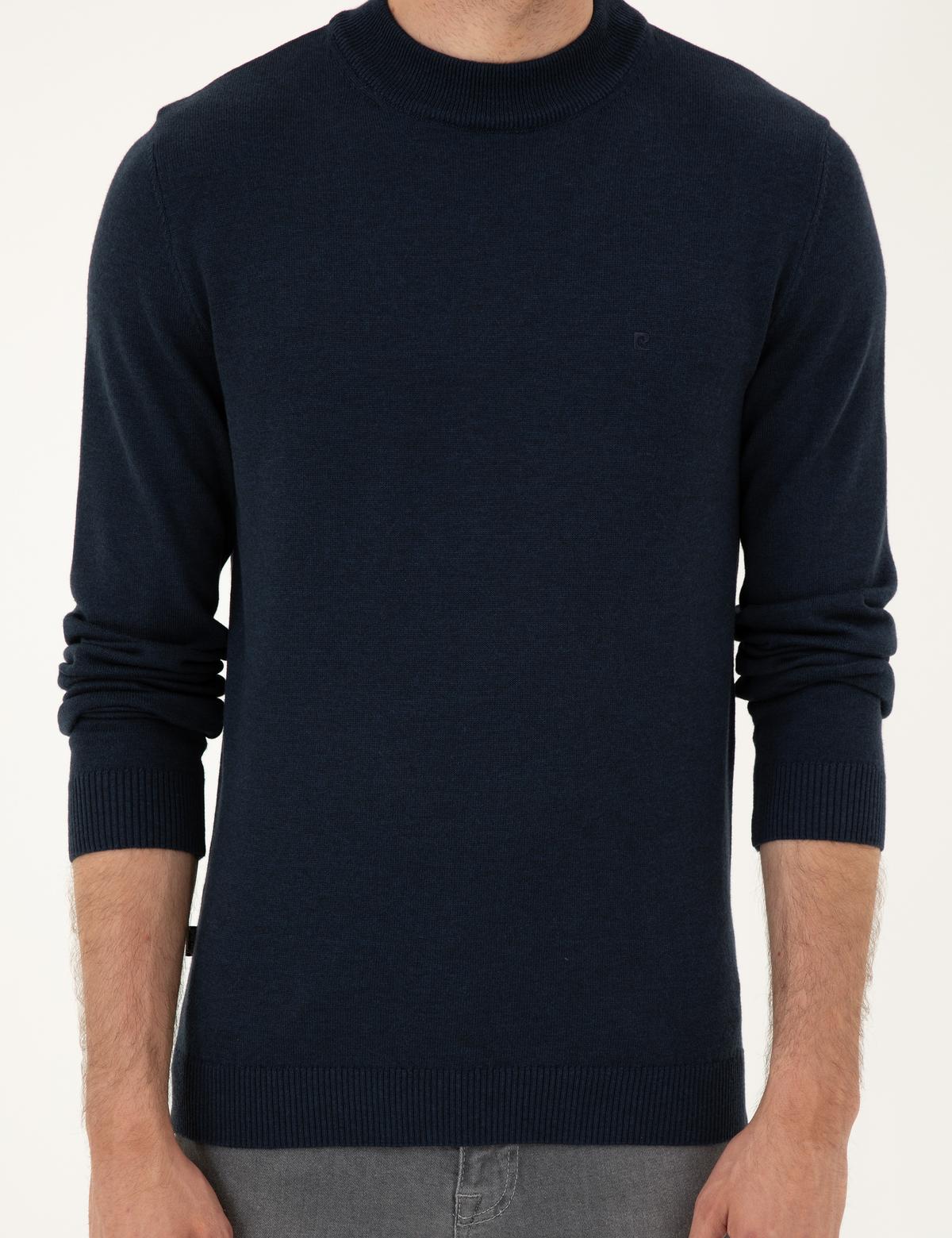 Lacivert Melanj Slim Fit Çeyrek Yaka Basic Triko Kazak - 50296564021