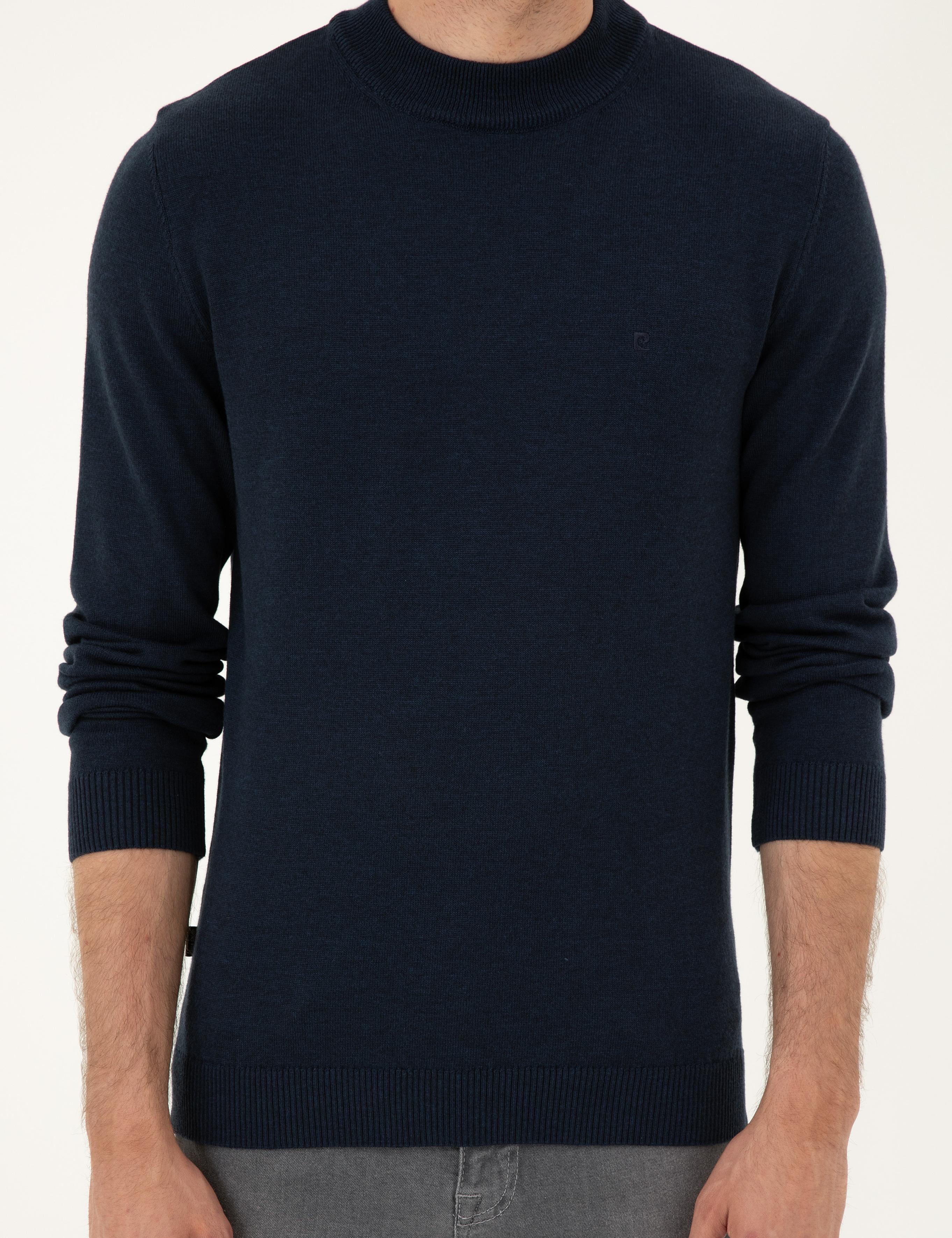 Lacivert Melanj Slim Fit Çeyrek Yaka Basic Triko Kazak