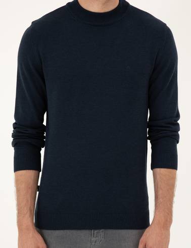 Lacivert Melanj Slim Fit Çeyrek Yaka Basic Triko Kazak