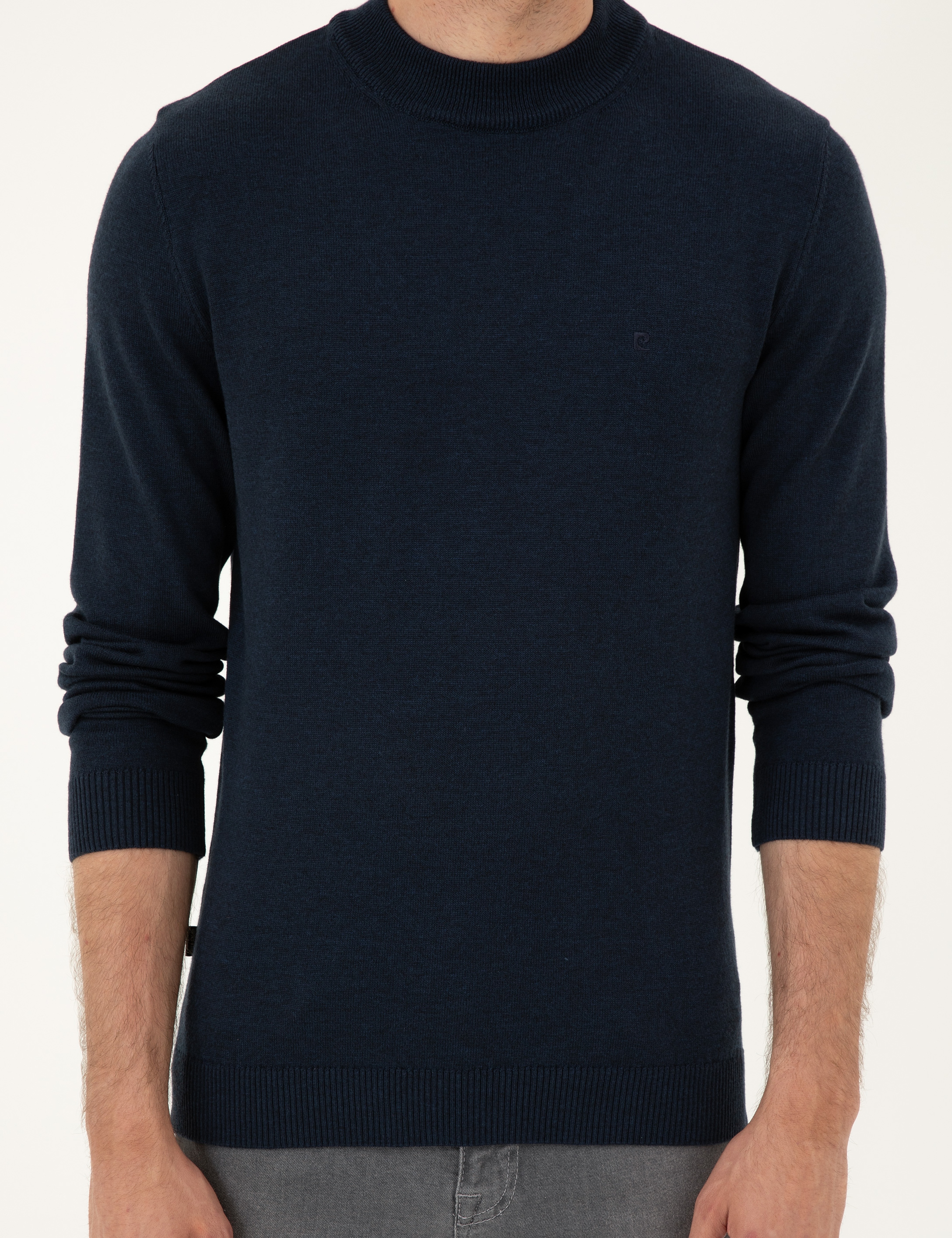Lacivert Melanj Slim Fit Çeyrek Yaka Basic Triko Kazak - Image 6