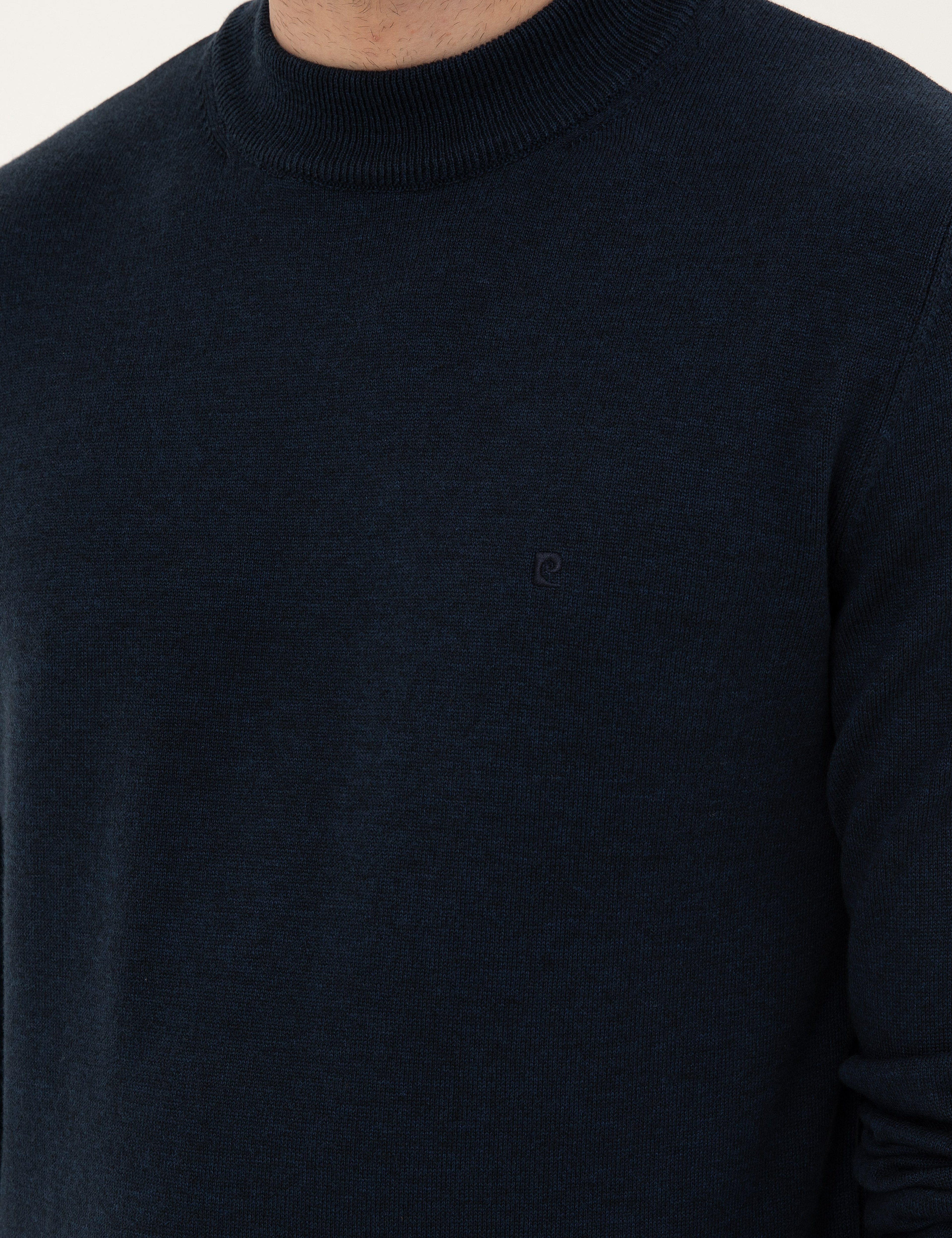 Lacivert Melanj Slim Fit Çeyrek Yaka Basic Triko Kazak