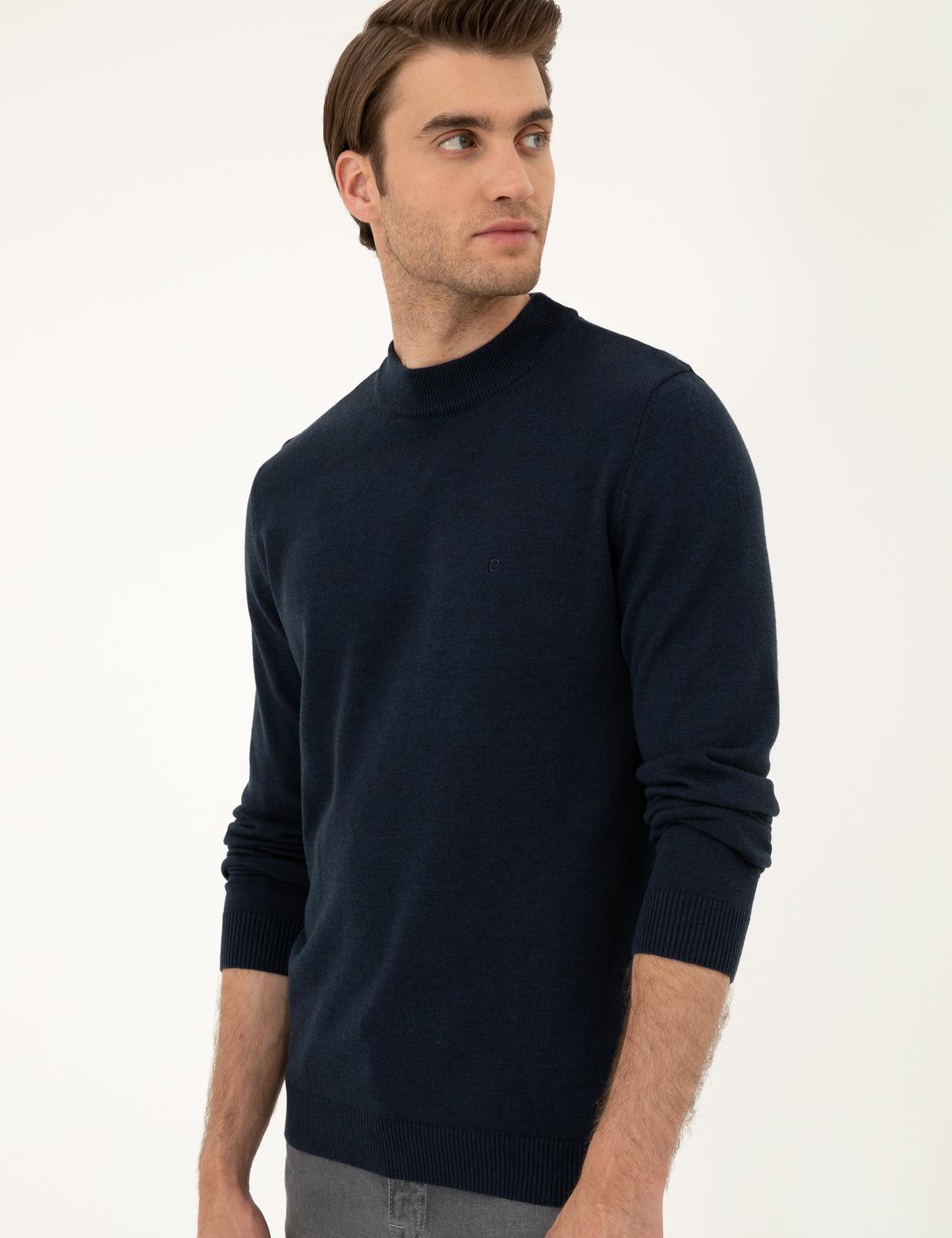 Lacivert Melanj Slim Fit Çeyrek Yaka Basic Triko Kazak - 50296564021