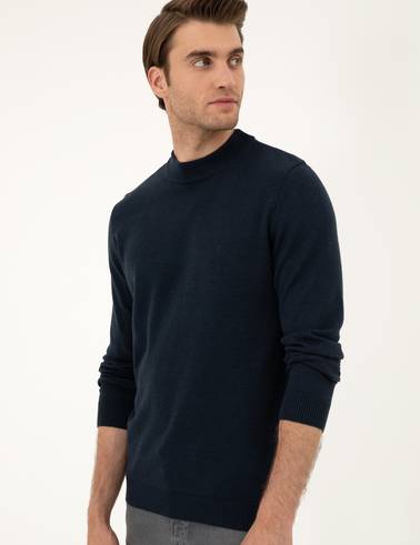 Lacivert Melanj Slim Fit Çeyrek Yaka Basic Triko Kazak
