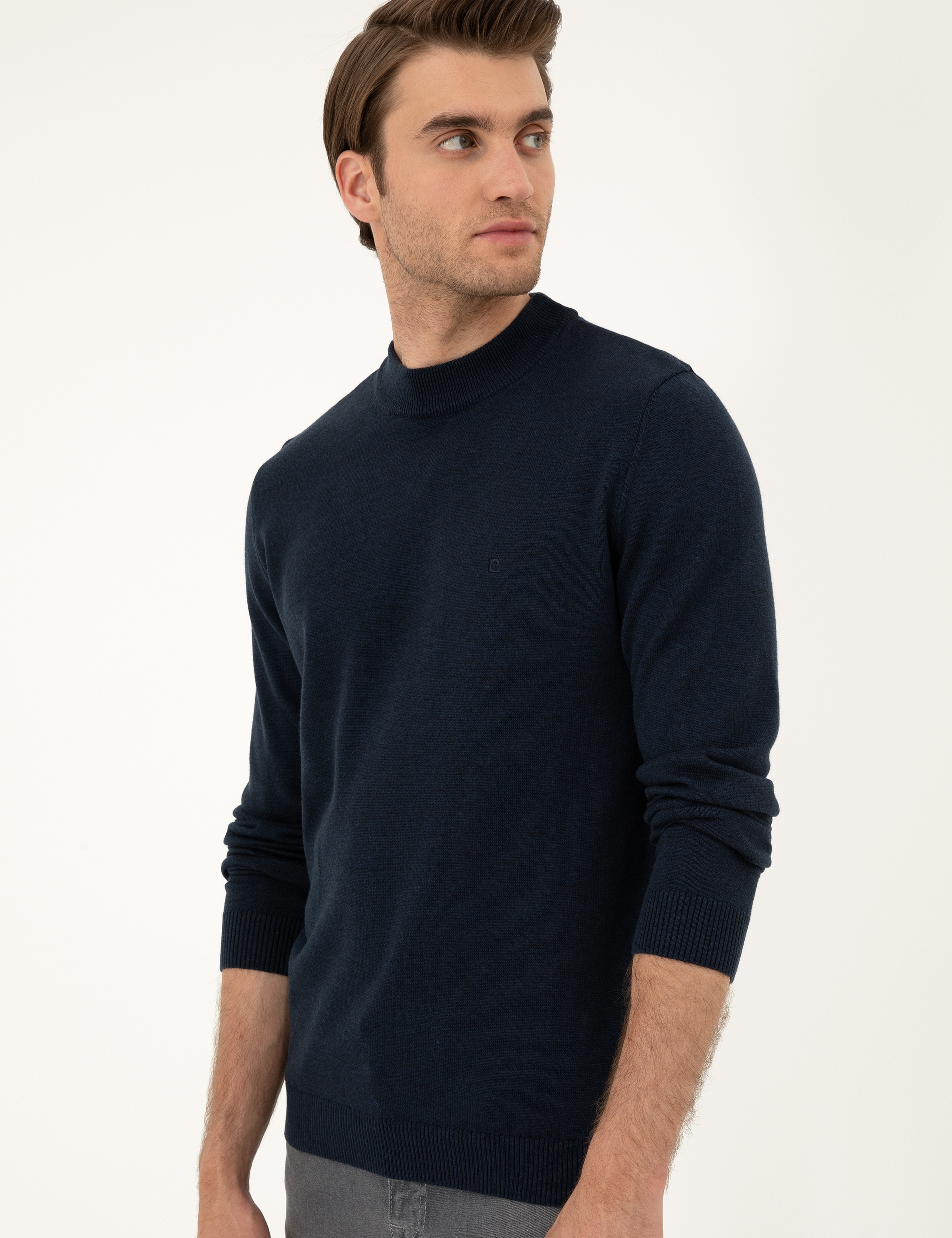Lacivert Melanj Slim Fit Çeyrek Yaka Basic Triko Kazak - Image 3