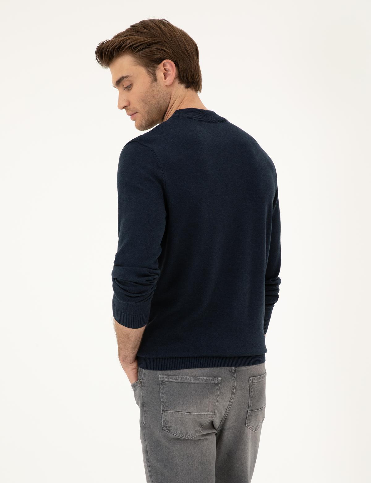 Lacivert Melanj Slim Fit Çeyrek Yaka Basic Triko Kazak - 50296564021