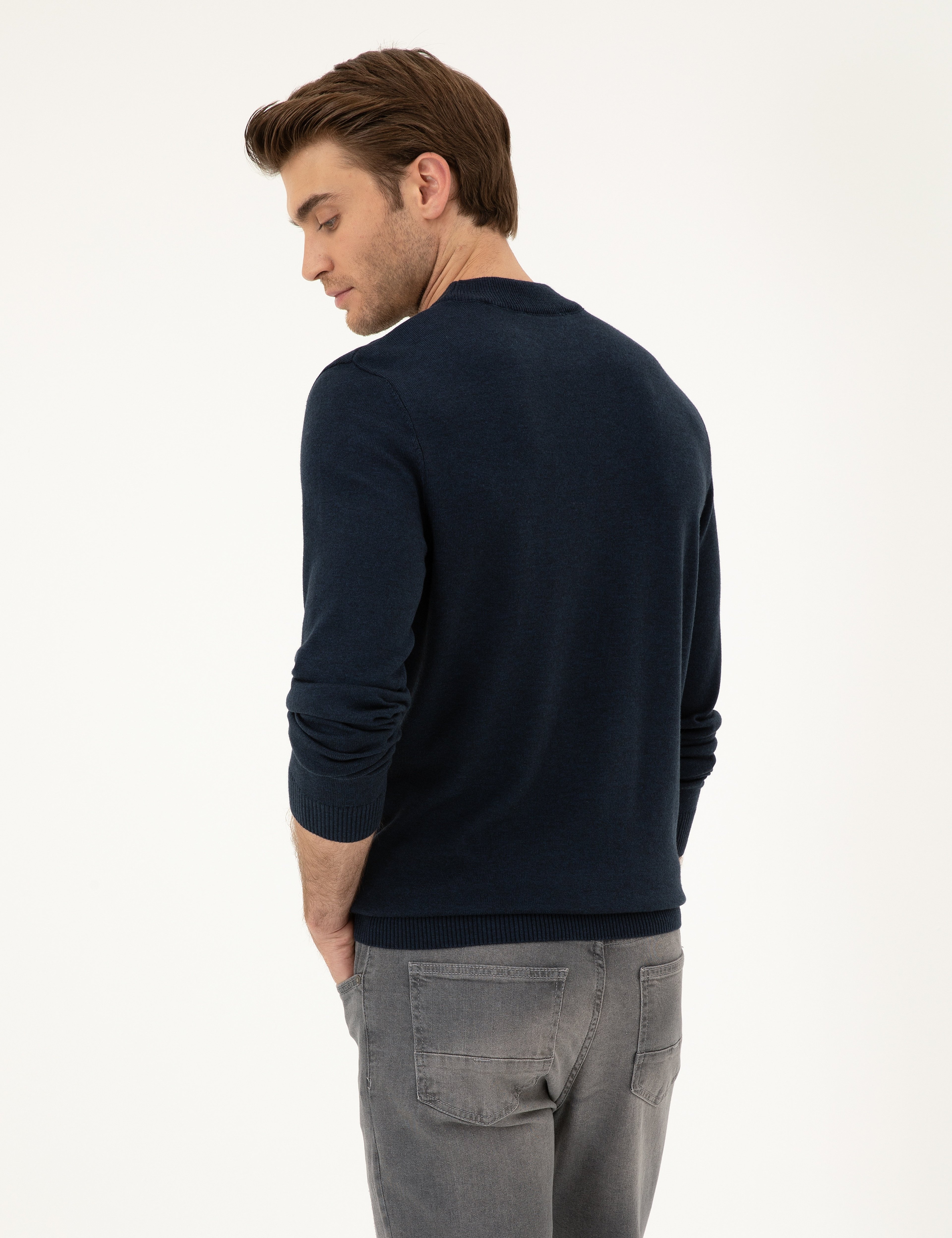 Lacivert Melanj Slim Fit Çeyrek Yaka Basic Triko Kazak