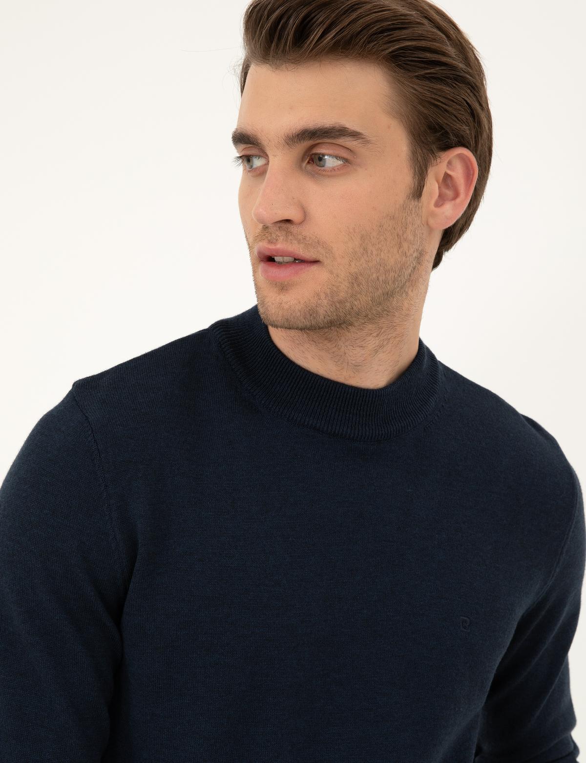 Lacivert Melanj Slim Fit Çeyrek Yaka Basic Triko Kazak - 50296564021