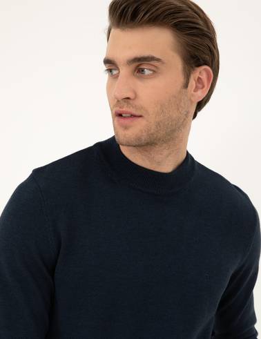 Lacivert Melanj Slim Fit Çeyrek Yaka Basic Triko Kazak