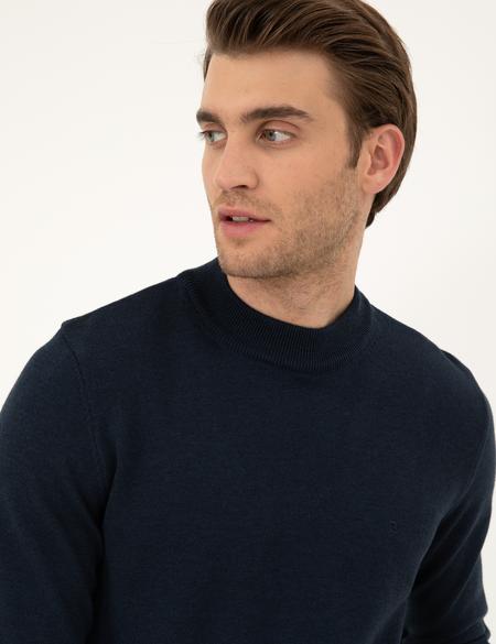 Lacivert Melanj Slim Fit Çeyrek Yaka Basic Triko Kazak - 50296564021