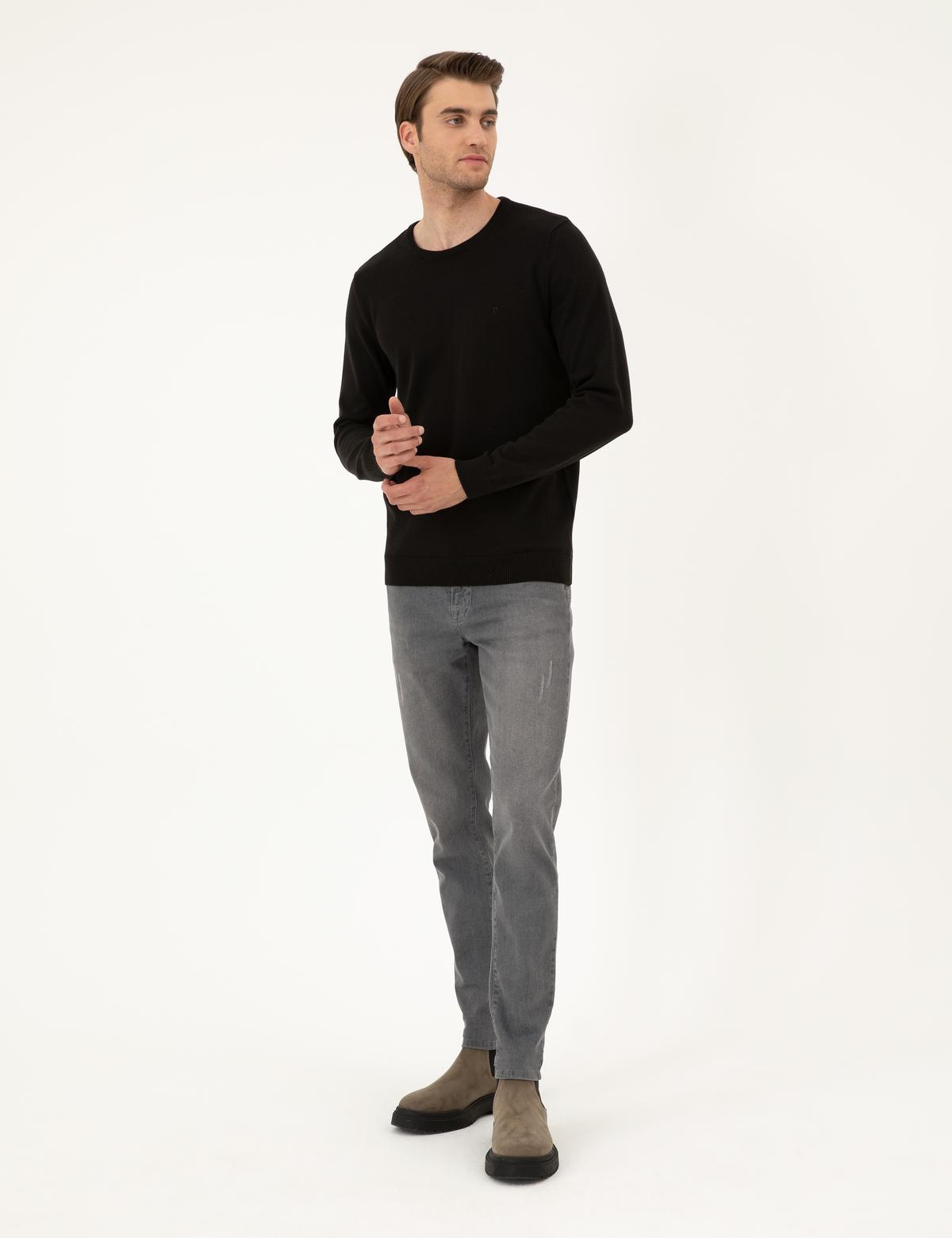 Siyah Slim Fit Bisiklet Yaka Basic Triko Kazak - 50296575061