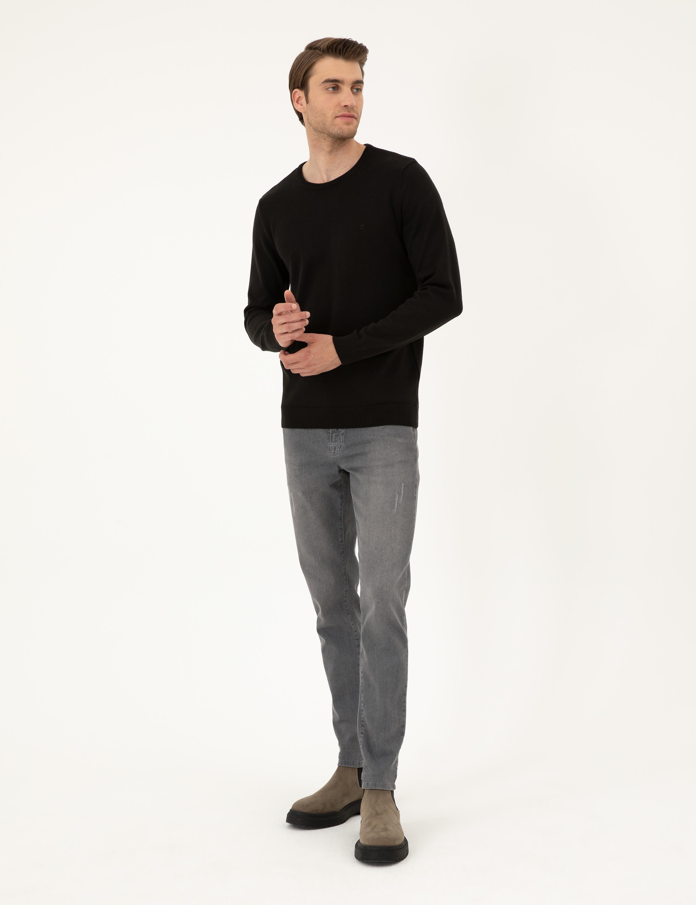 Siyah Slim Fit Bisiklet Yaka Basic Triko Kazak