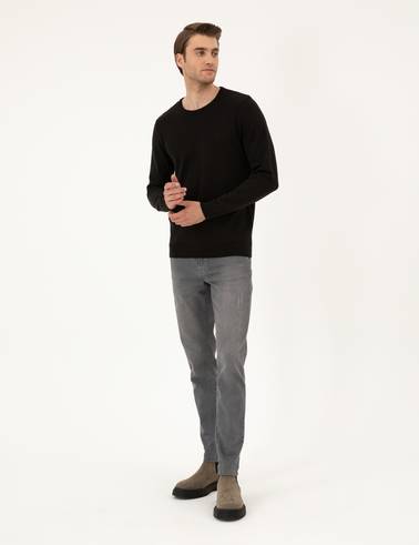 Siyah Slim Fit Bisiklet Yaka Basic Triko Kazak
