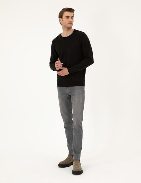 Siyah Slim Fit Bisiklet Yaka Basic Triko Kazak - 50296575061