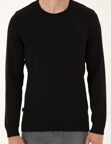 Siyah Slim Fit Bisiklet Yaka Basic Triko Kazak