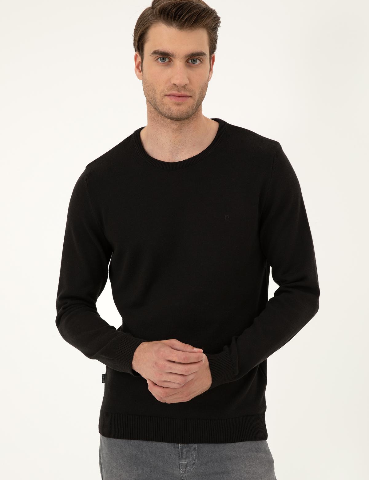 Siyah Slim Fit Bisiklet Yaka Basic Triko Kazak - 50296575061