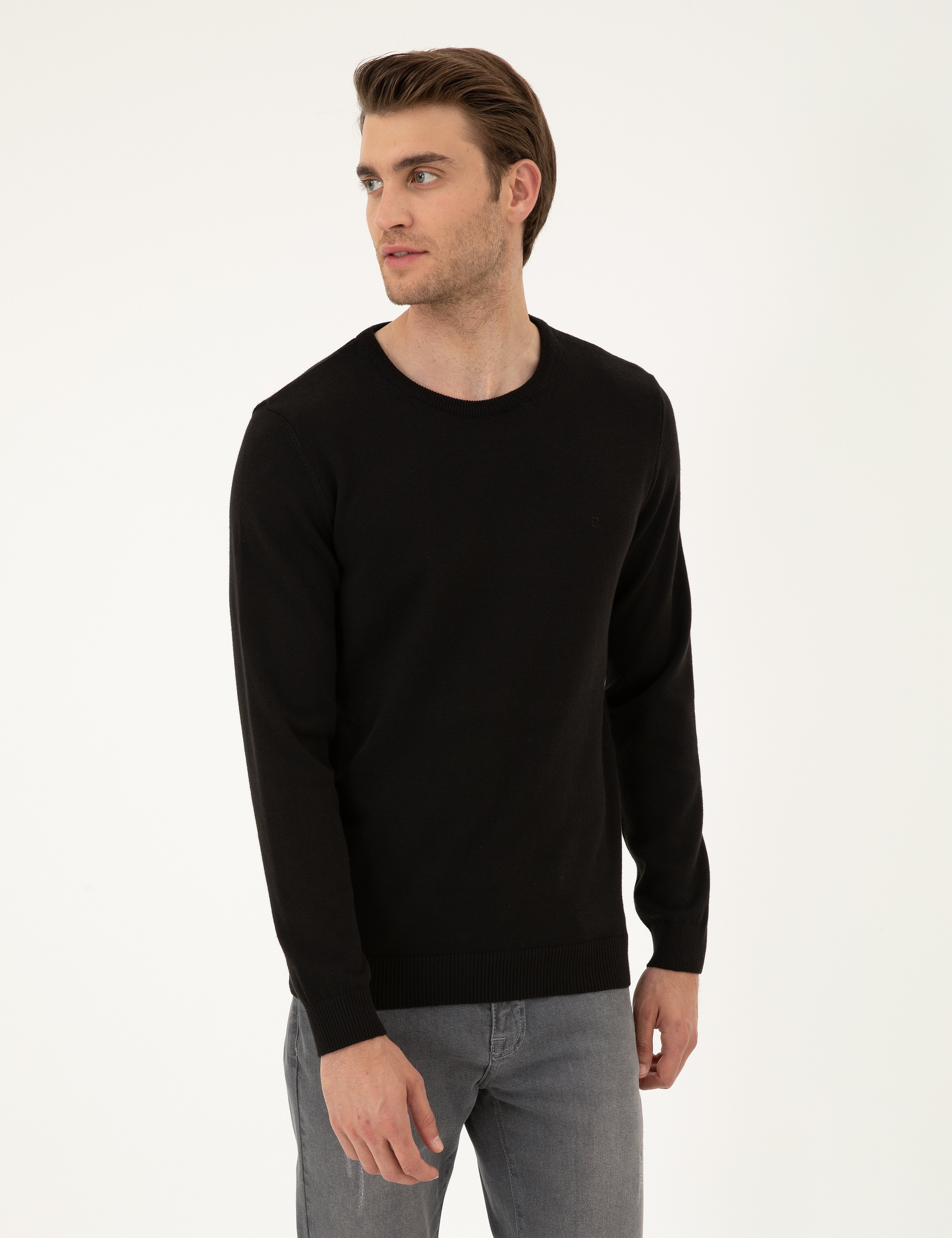 Siyah Slim Fit Bisiklet Yaka Basic Triko Kazak - Image 1