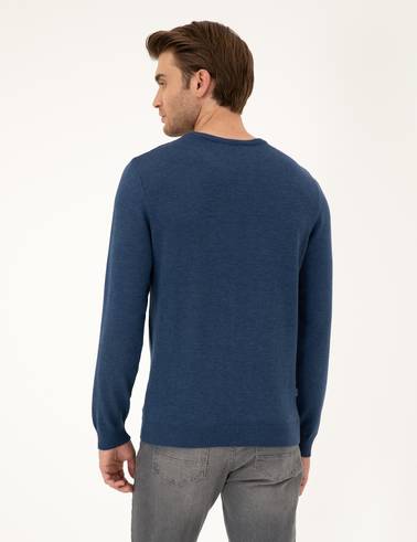 İndigo Melanj Slim Fit Bisiklet Yaka Basic Triko Kazak