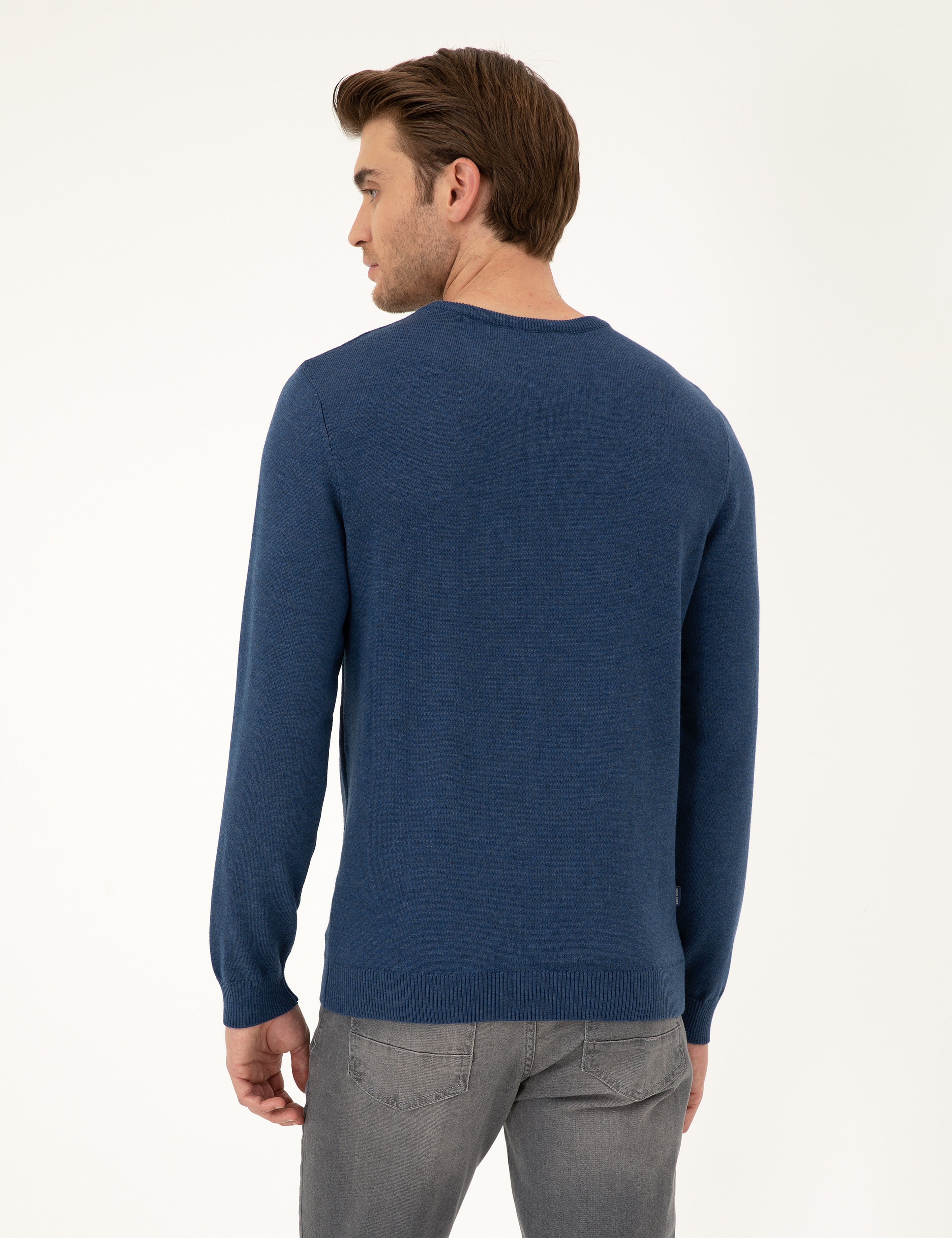 İndigo Melanj Slim Fit Bisiklet Yaka Basic Triko Kazak - Image 5