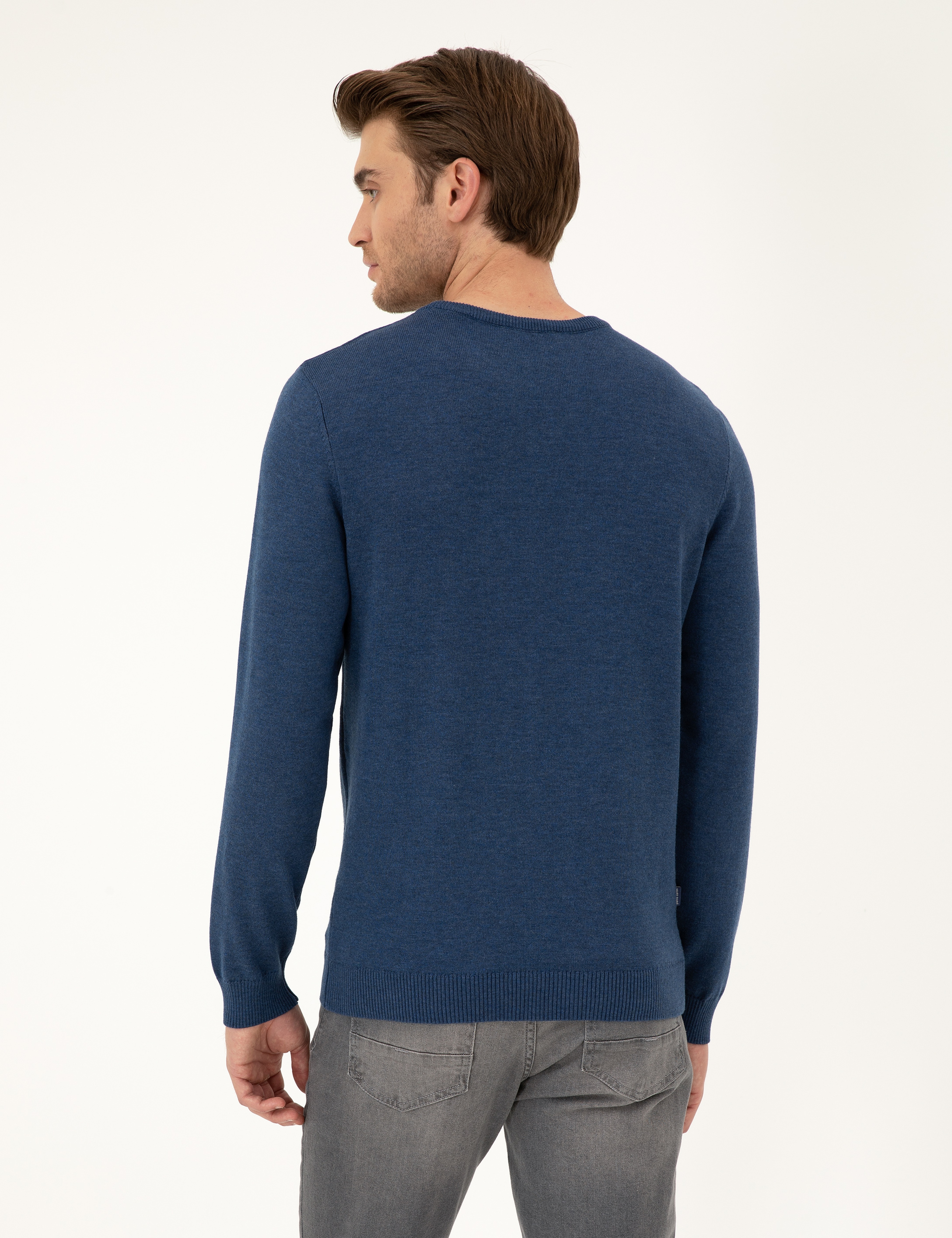 İndigo Melanj Slim Fit Bisiklet Yaka Basic Triko Kazak