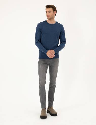 İndigo Melanj Slim Fit Bisiklet Yaka Basic Triko Kazak