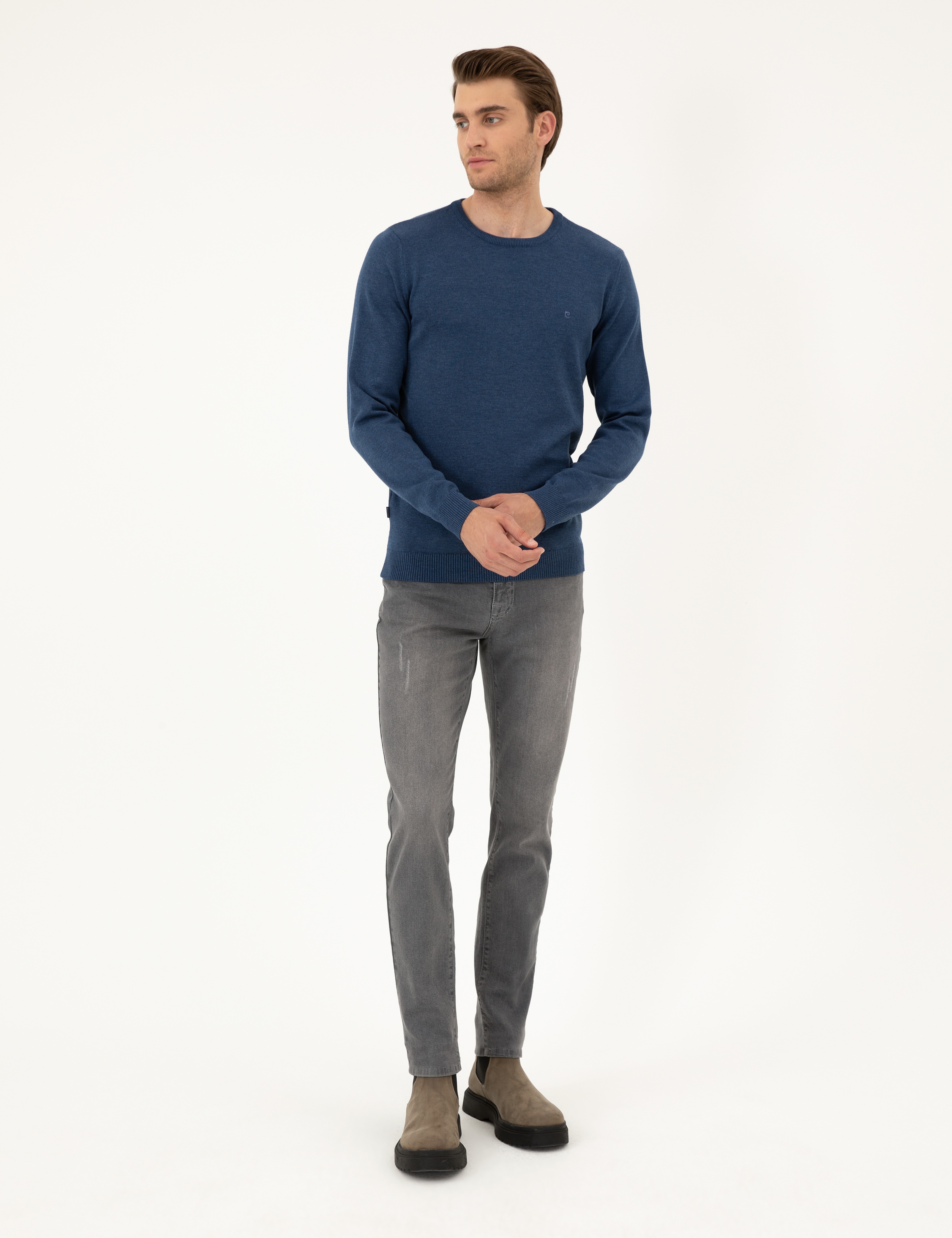 İndigo Melanj Slim Fit Bisiklet Yaka Basic Triko Kazak - Image 4