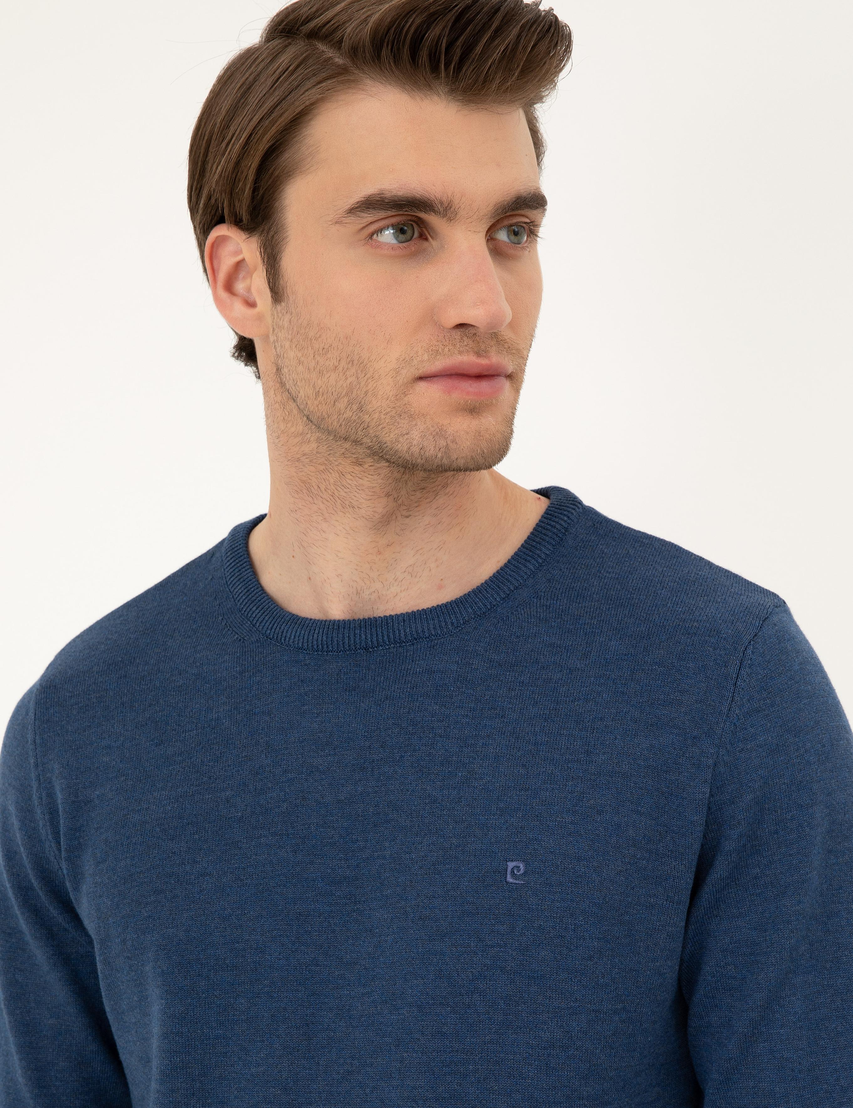 İndigo Melanj Slim Fit Bisiklet Yaka Basic Triko Kazak