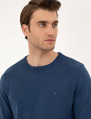 İndigo Melanj Slim Fit Bisiklet Yaka Basic Triko Kazak
