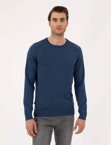 İndigo Melanj Slim Fit Bisiklet Yaka Basic Triko Kazak