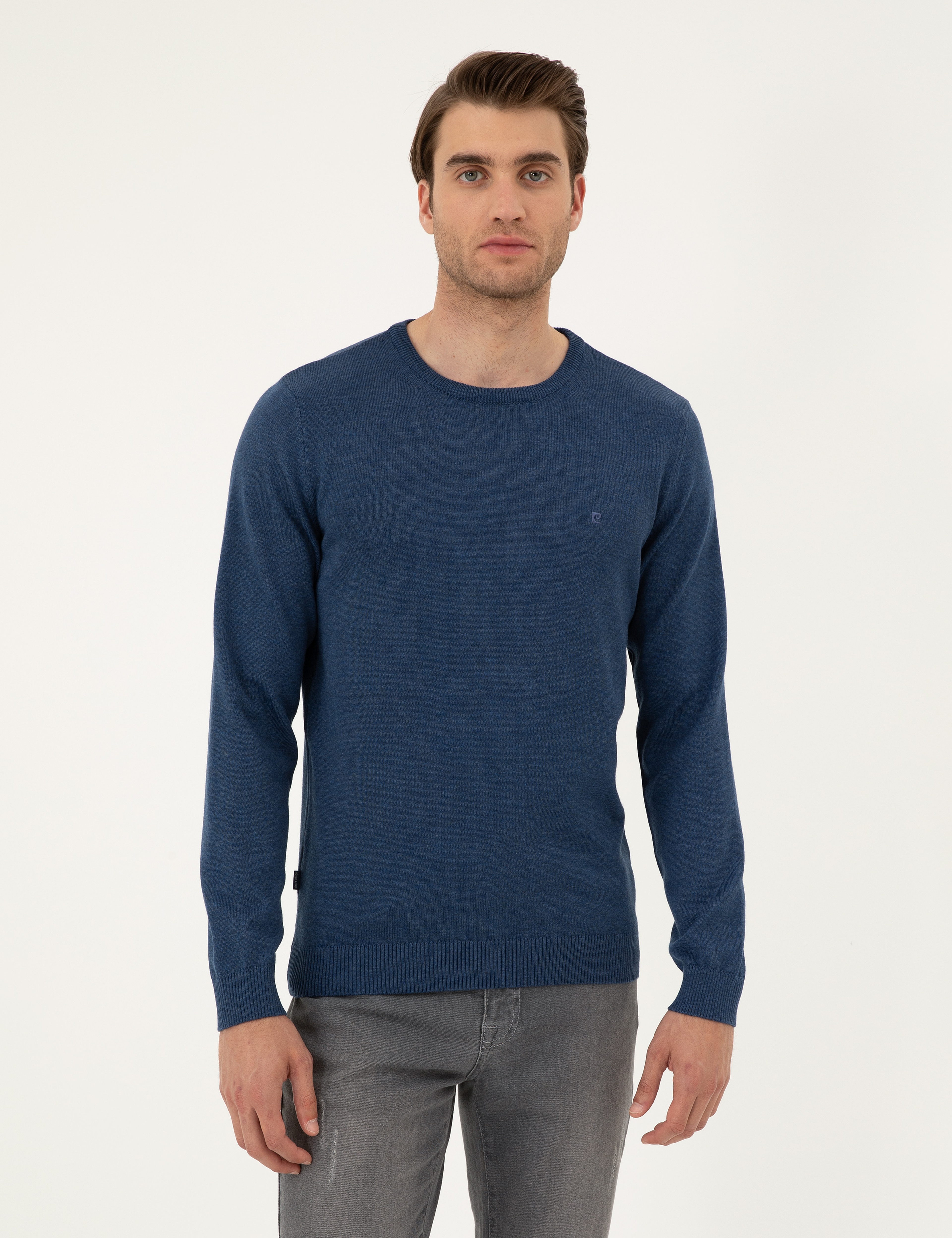 İndigo Melanj Slim Fit Bisiklet Yaka Basic Triko Kazak - Image 1