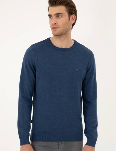 İndigo Melanj Slim Fit Bisiklet Yaka Basic Triko Kazak