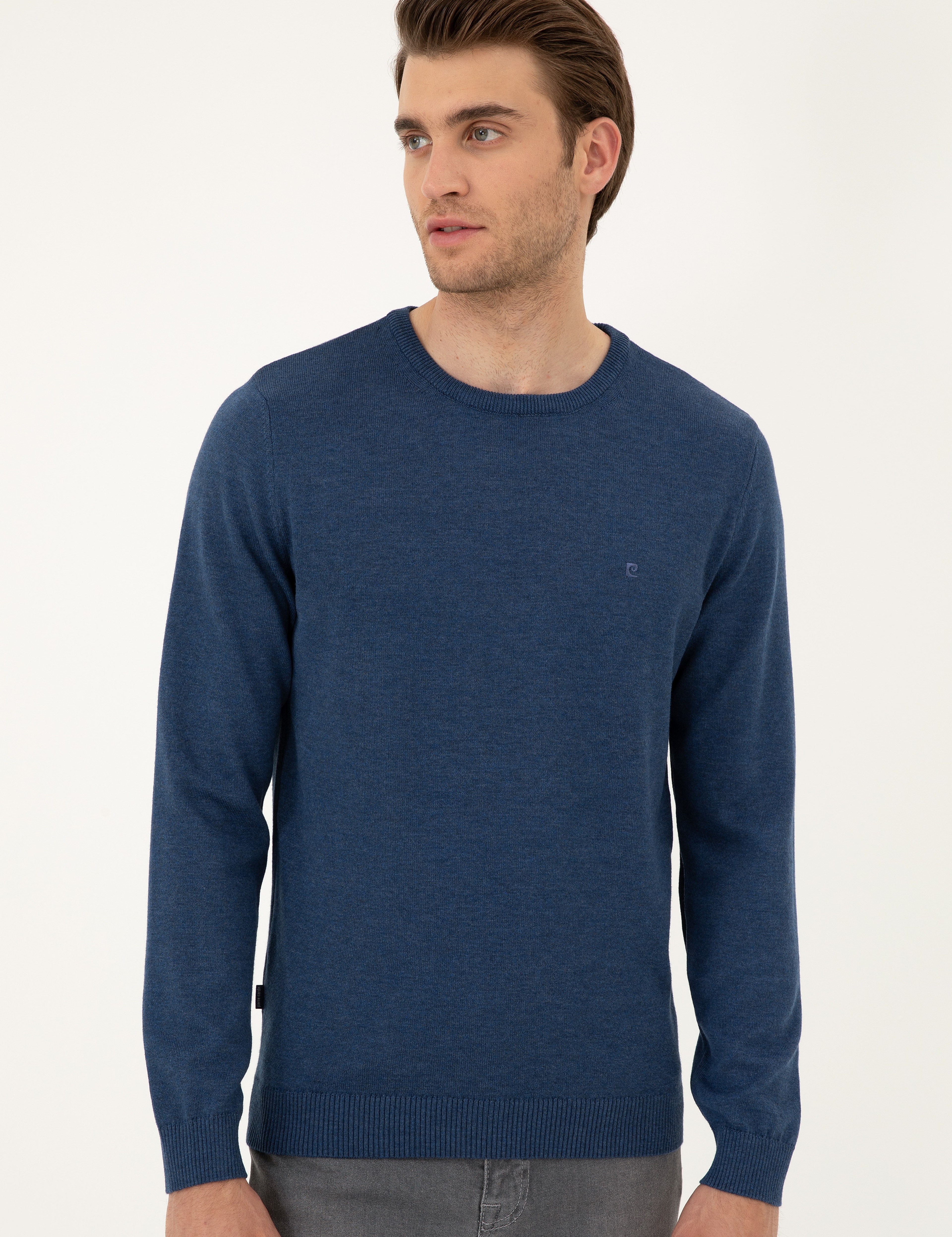 İndigo Melanj Slim Fit Bisiklet Yaka Basic Triko Kazak - Image 3