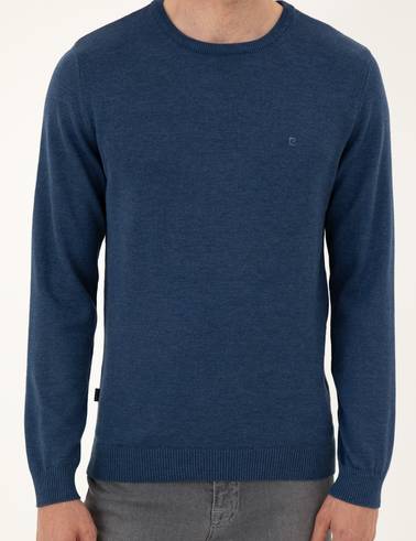 İndigo Melanj Slim Fit Bisiklet Yaka Basic Triko Kazak