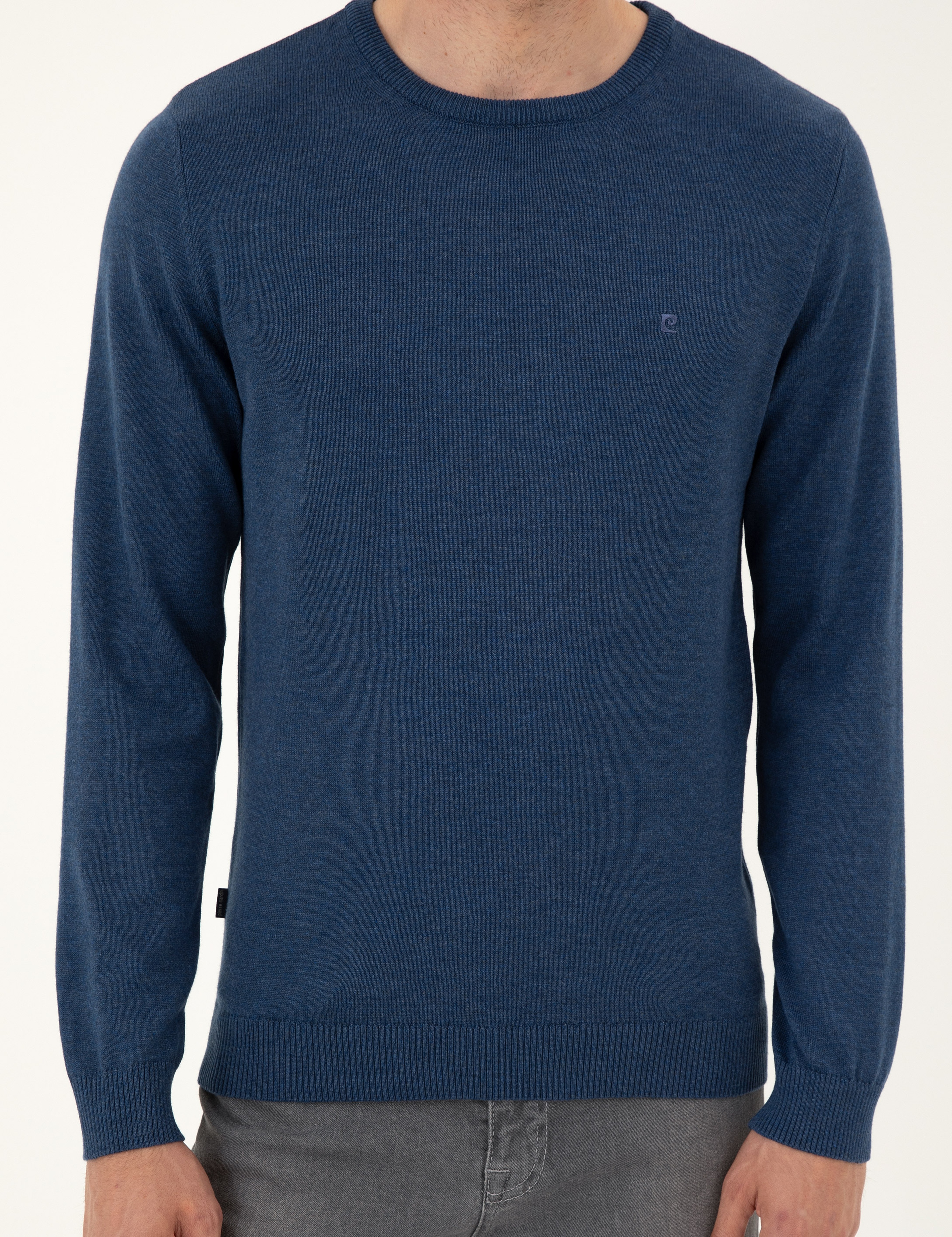İndigo Melanj Slim Fit Bisiklet Yaka Basic Triko Kazak - Image 6
