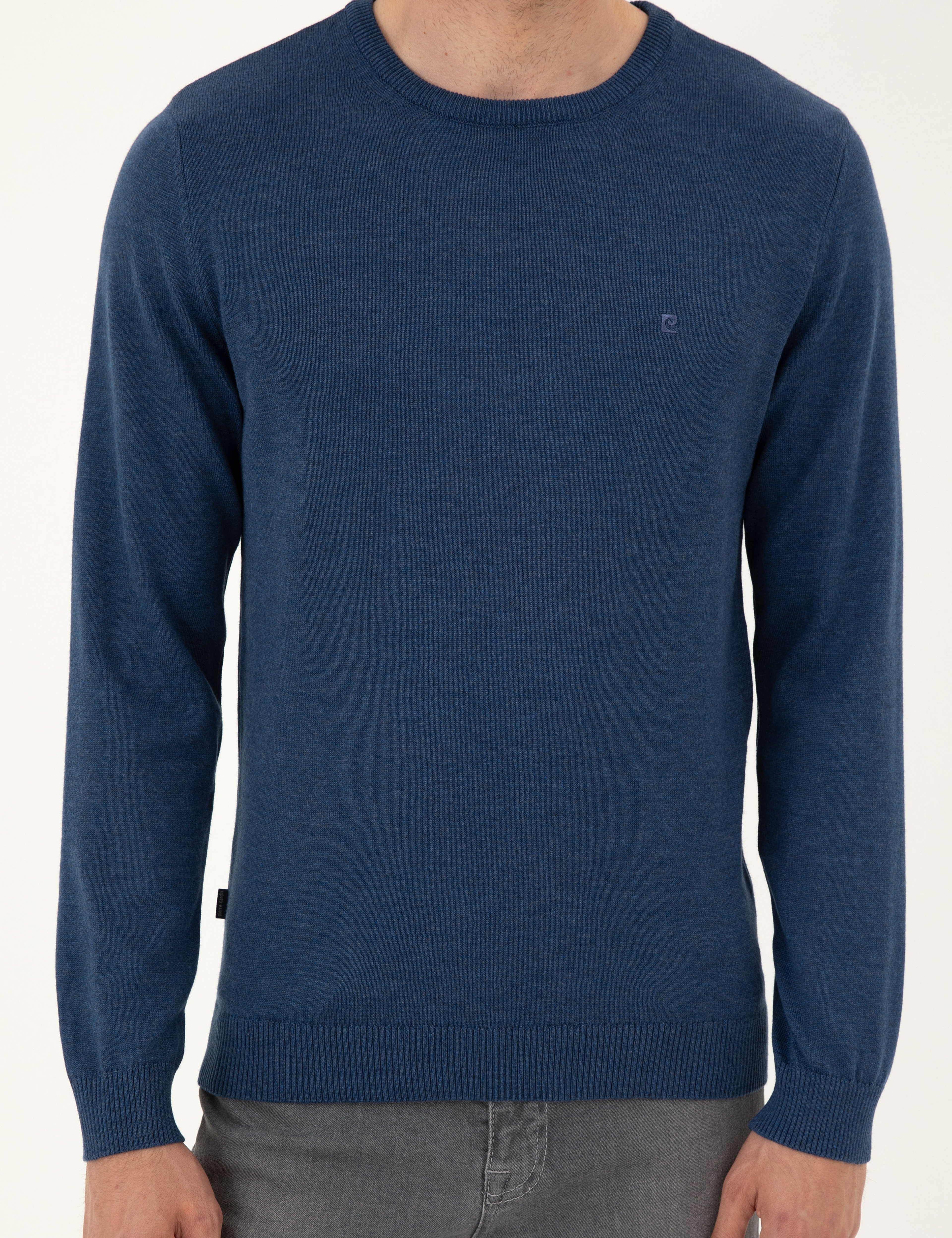 İndigo Melanj Slim Fit Bisiklet Yaka Basic Triko Kazak