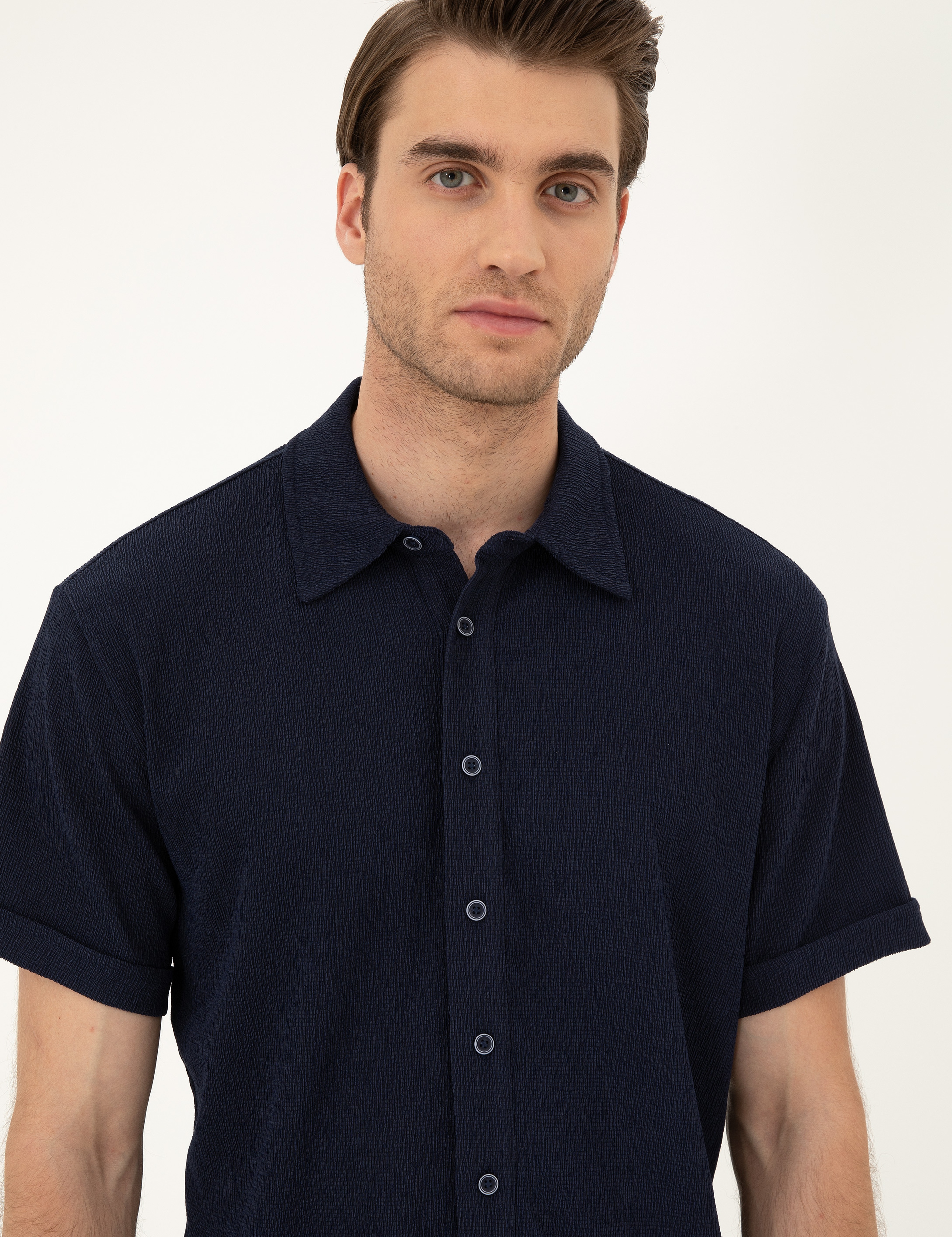 Lacivert Slim Fit Örme Gömlek - Image 2
