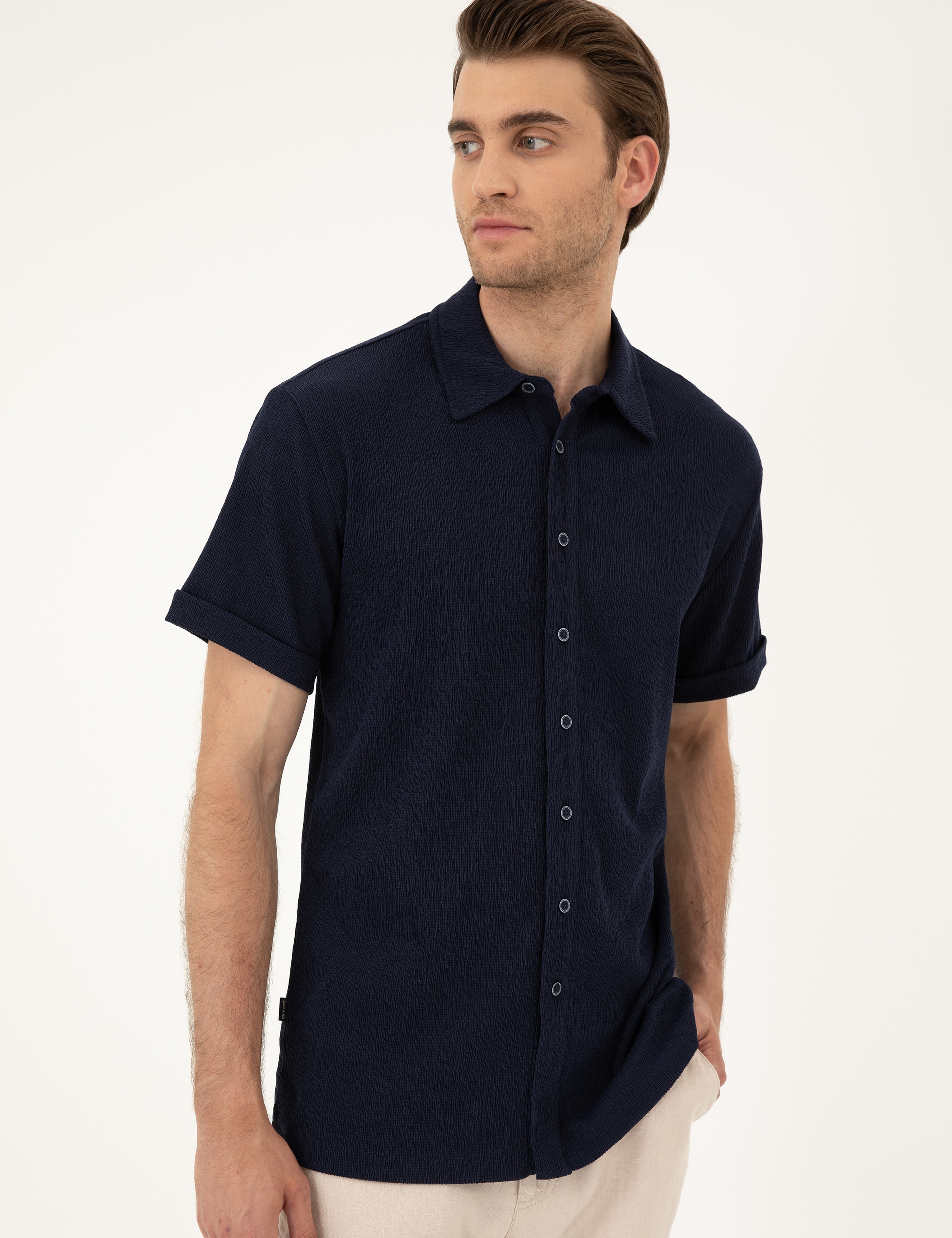 Lacivert Slim Fit Örme Gömlek - Image 3
