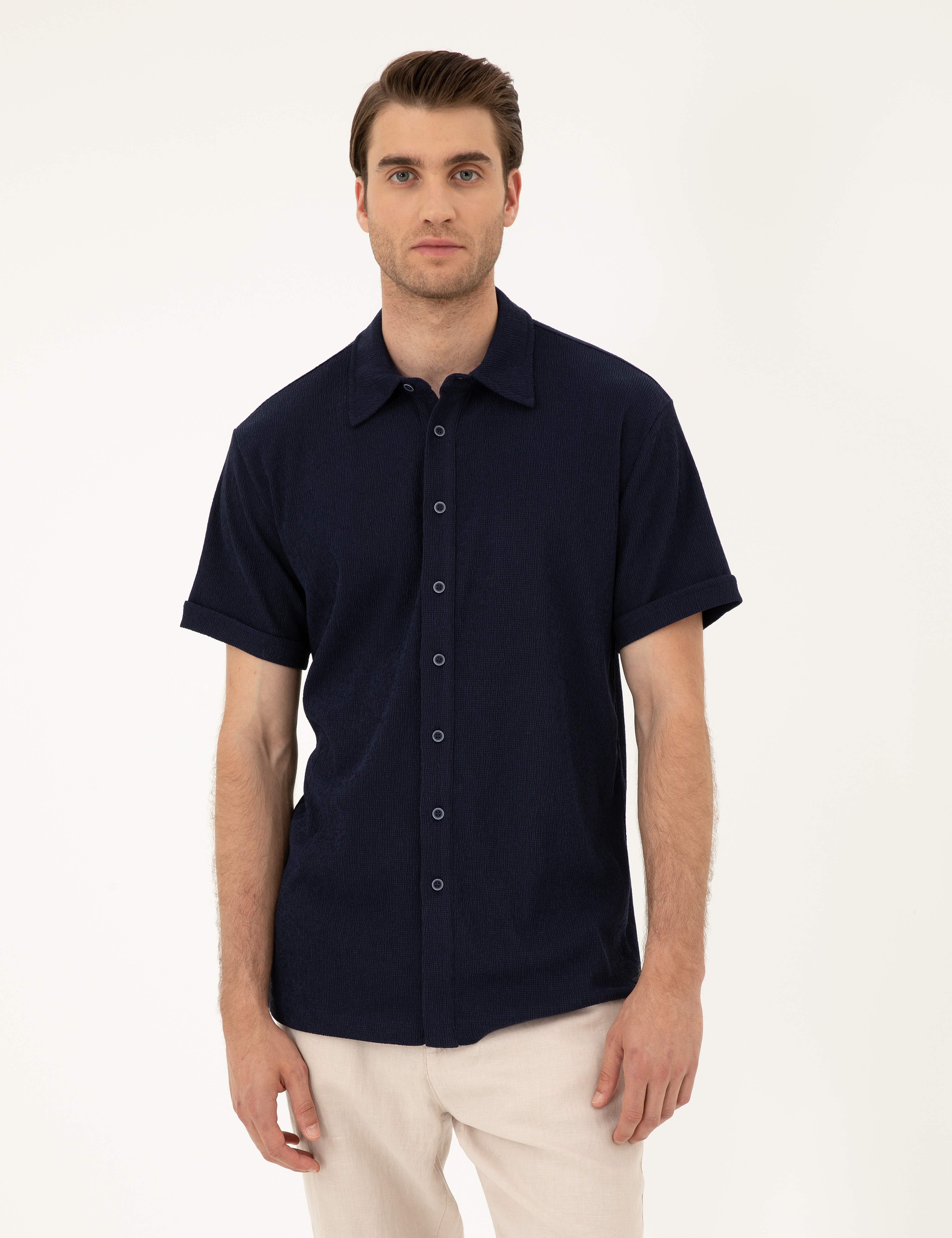 Lacivert Slim Fit Örme Gömlek - Image 1