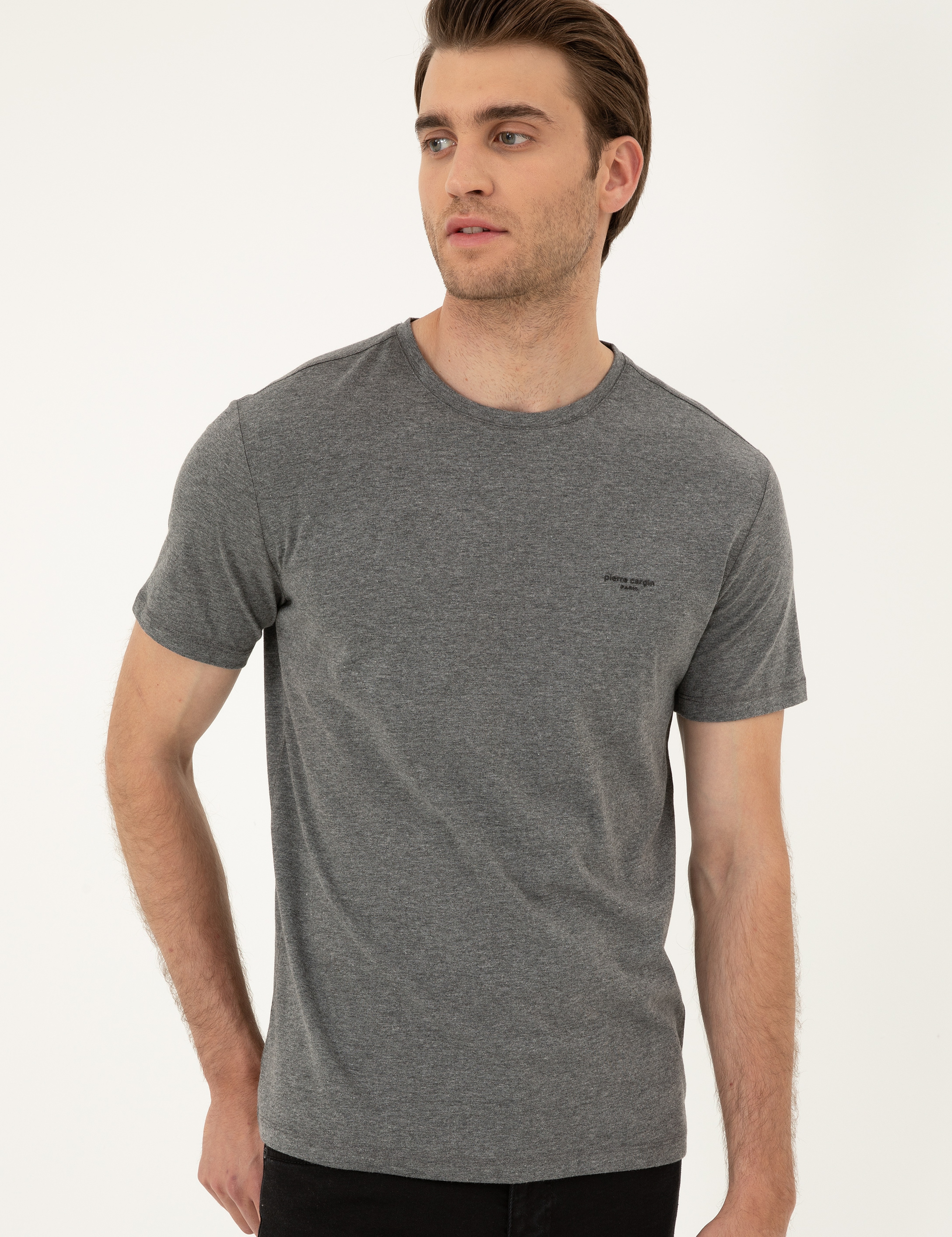 Gri Melanj Slim Fit Basic Tişört - Image 3