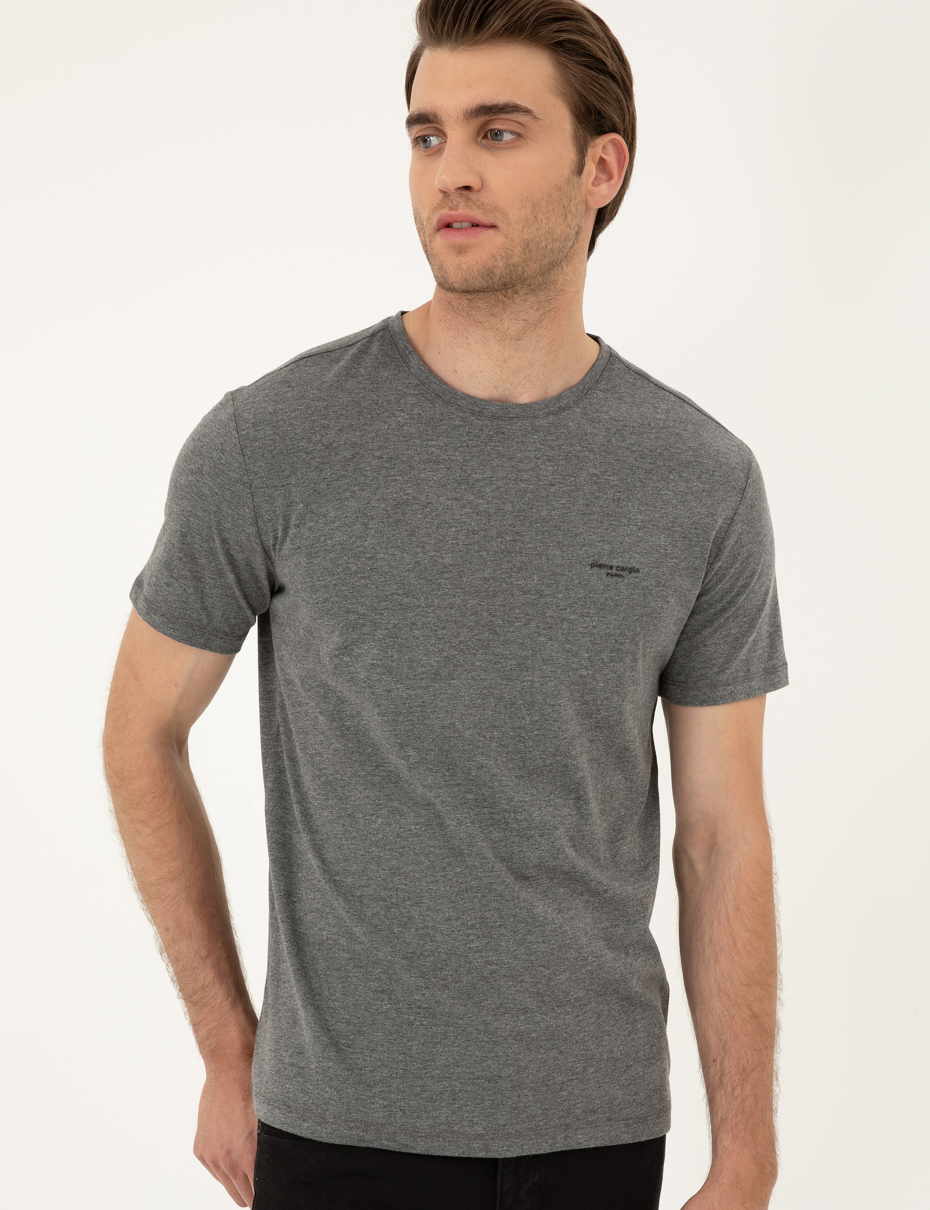 Gri Melanj Slim Fit Basic Tişört