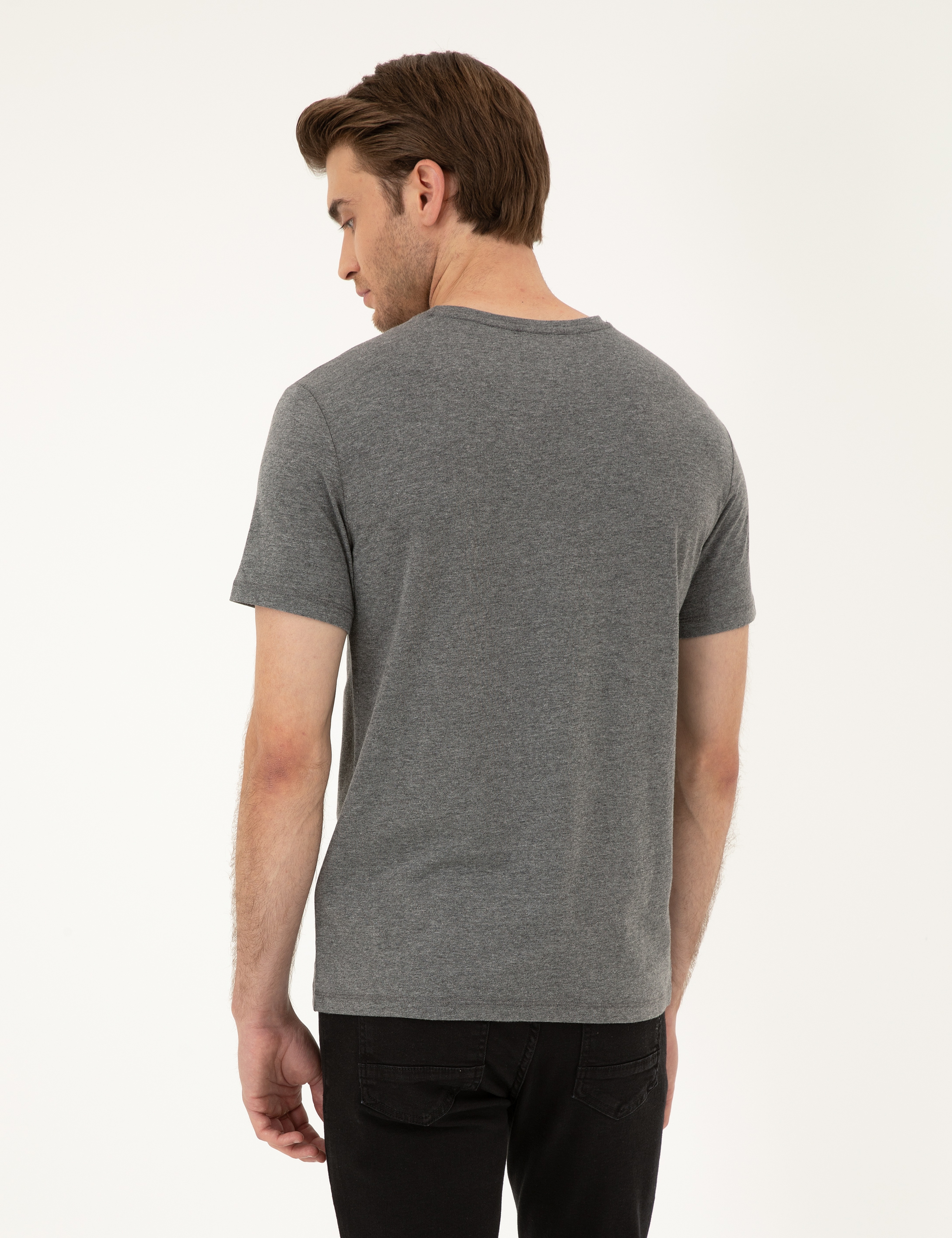 Gri Melanj Slim Fit Basic Tişört - Image 5