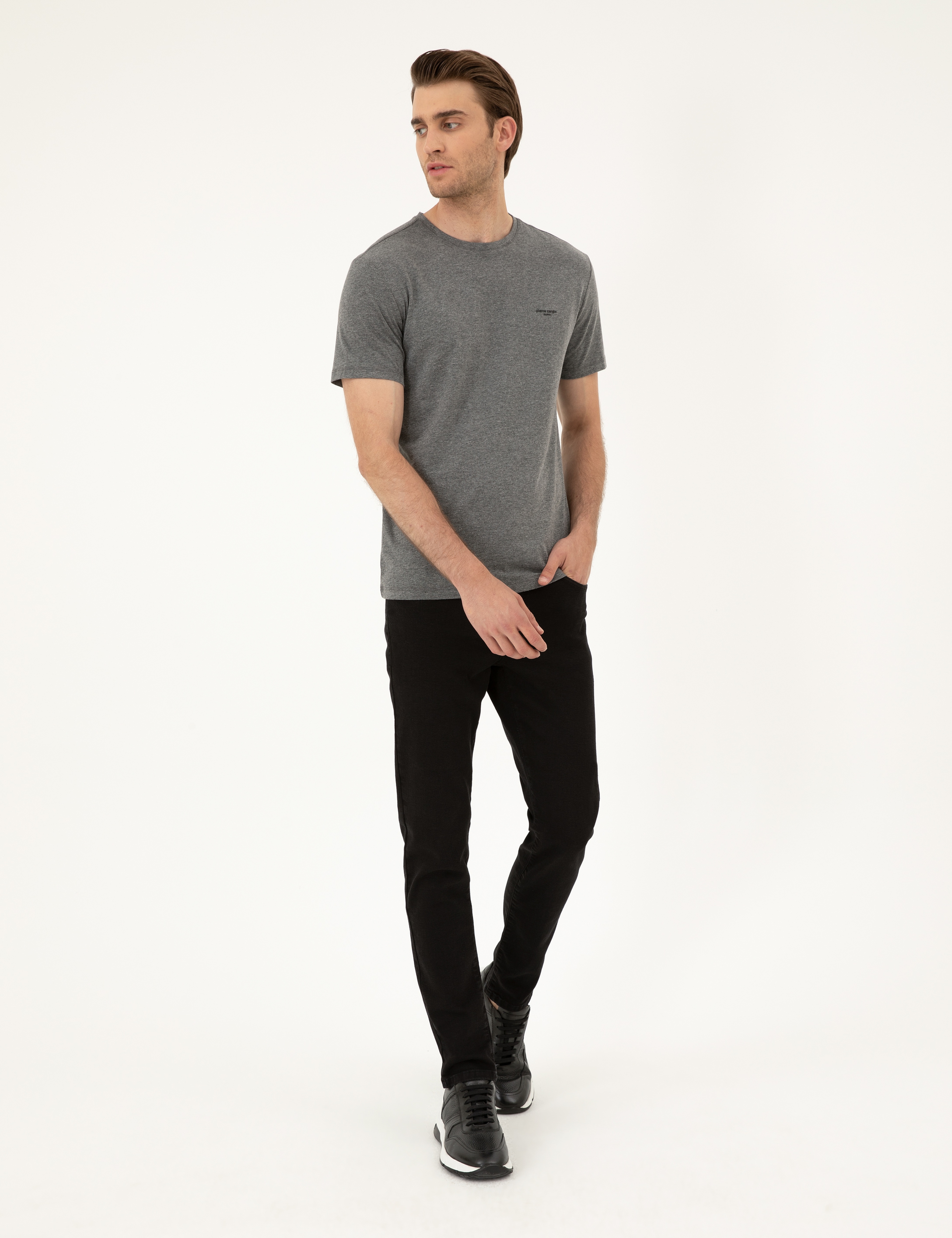 Gri Melanj Slim Fit Basic Tişört - Image 4