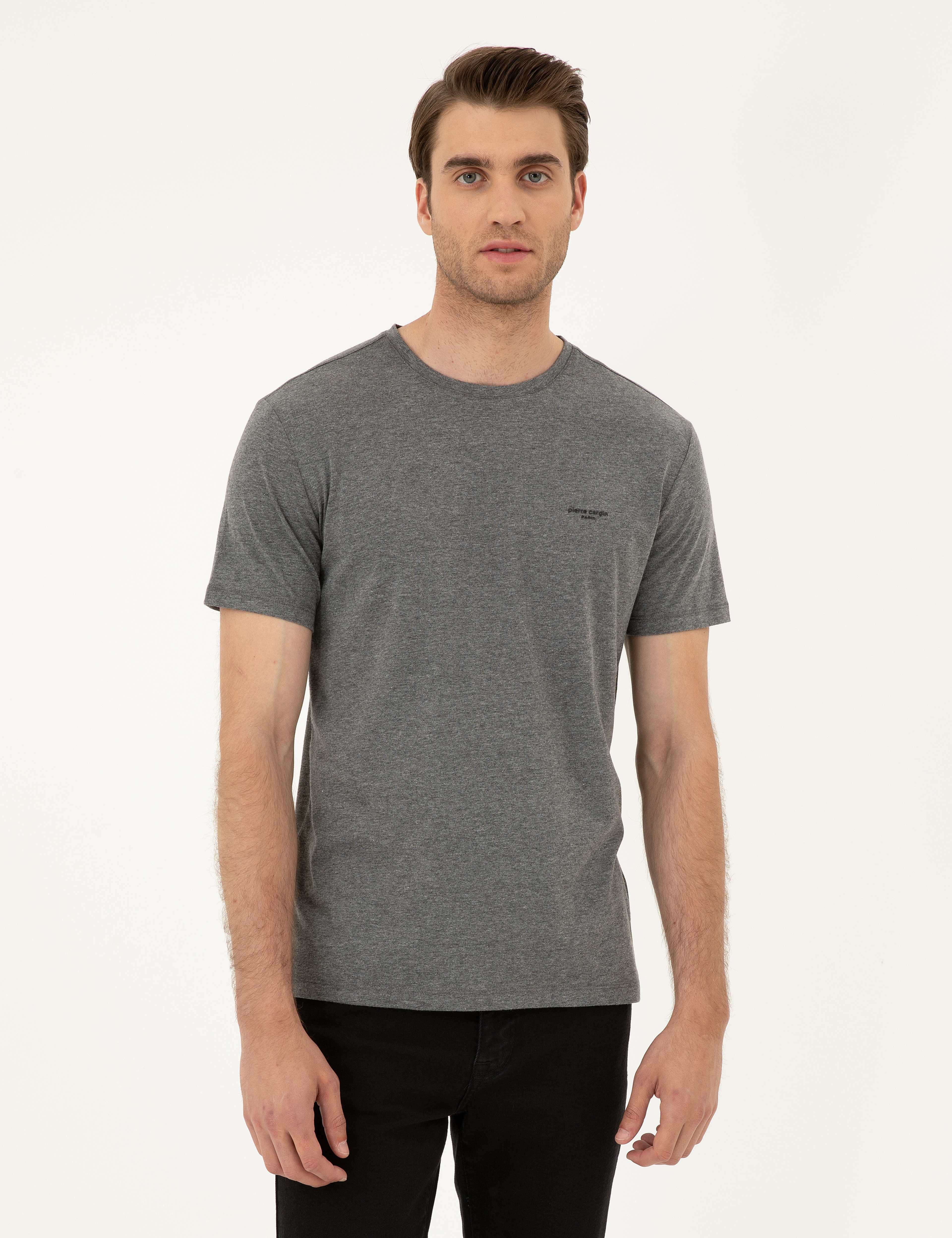 Gri Melanj Slim Fit Basic Tişört - Image 1