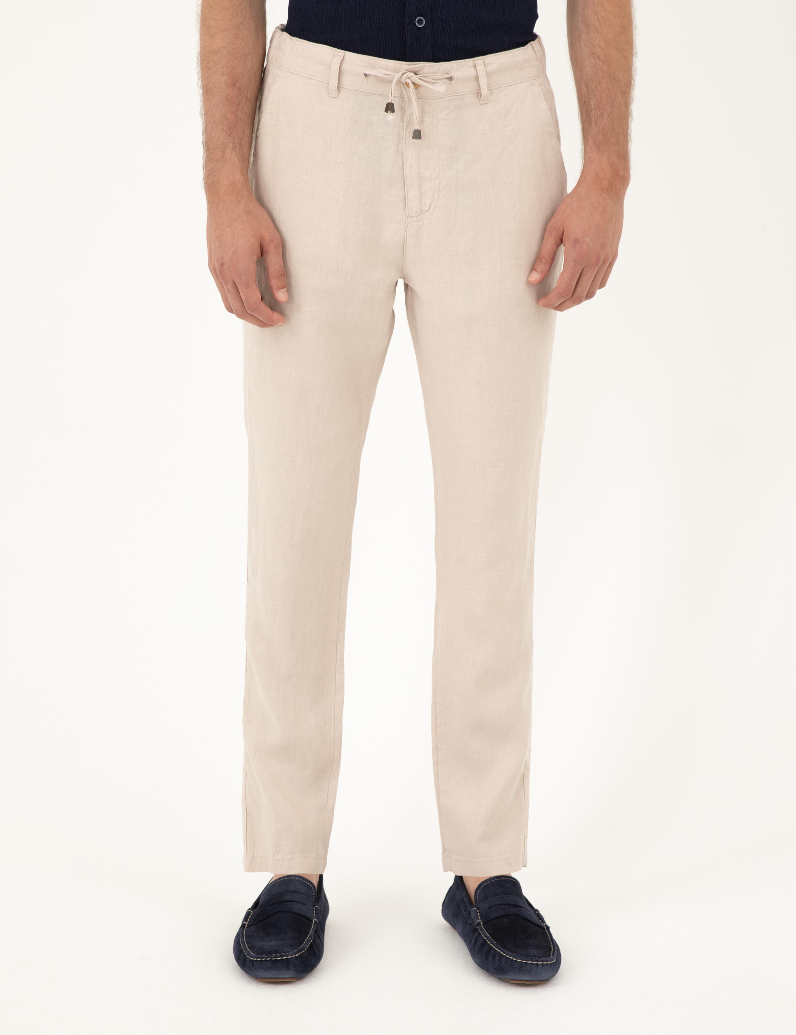 Bej Carrot Fit %100 Keten Kanvas Pantolon