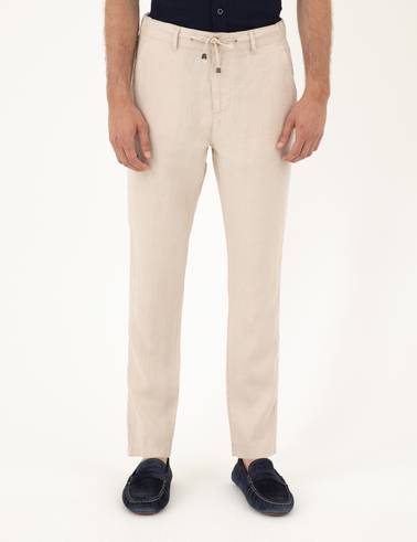 Bej Carrot Fit %100 Keten Kanvas Pantolon