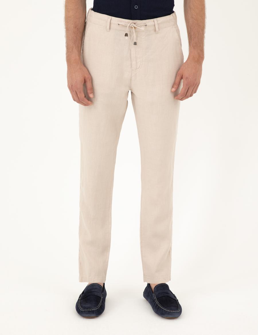 Bej Carrot Fit %100 Keten Kanvas Pantolon