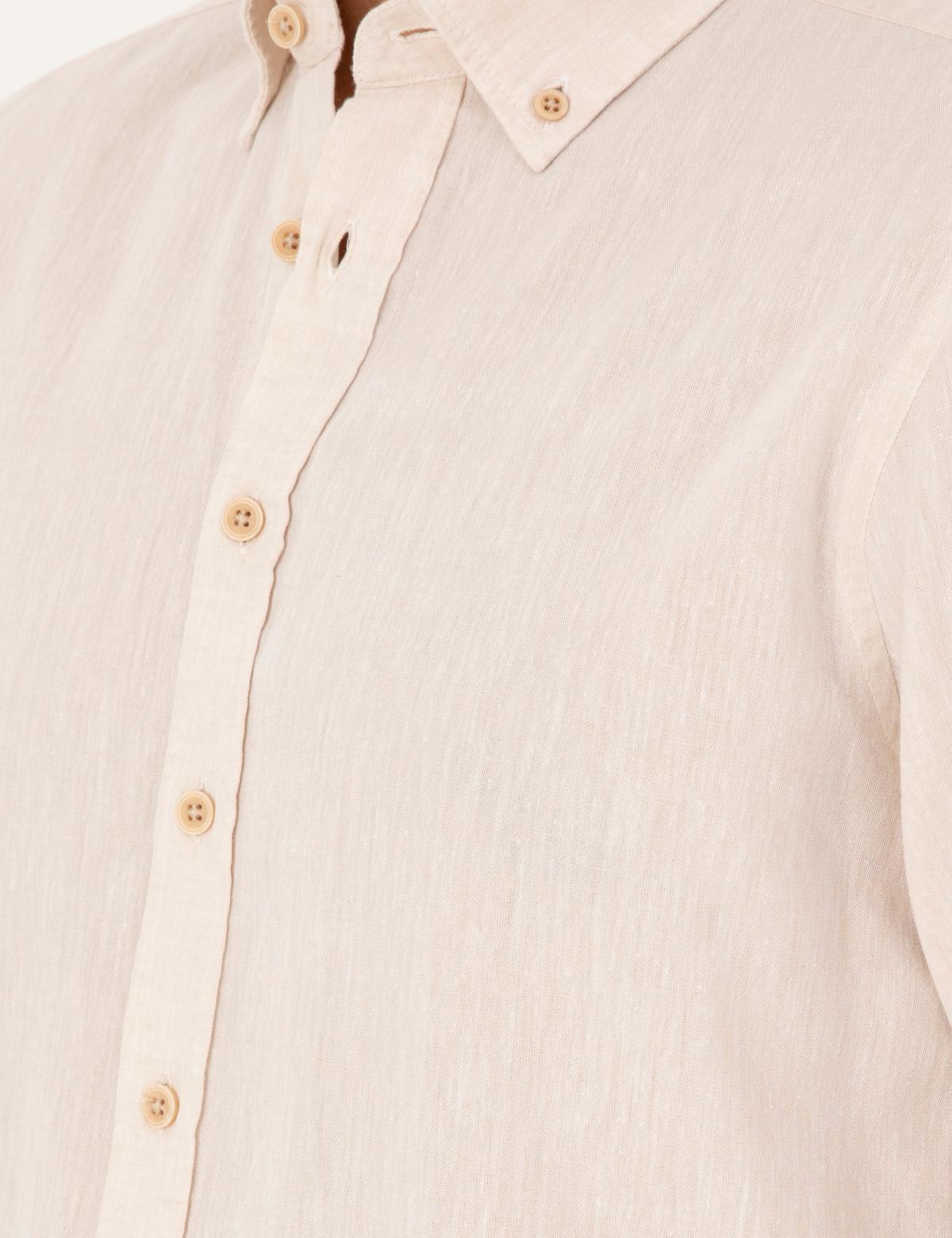 Bej Keten Karışımlı Regular Fit Uzun Kollu Gömlek - 50284168105