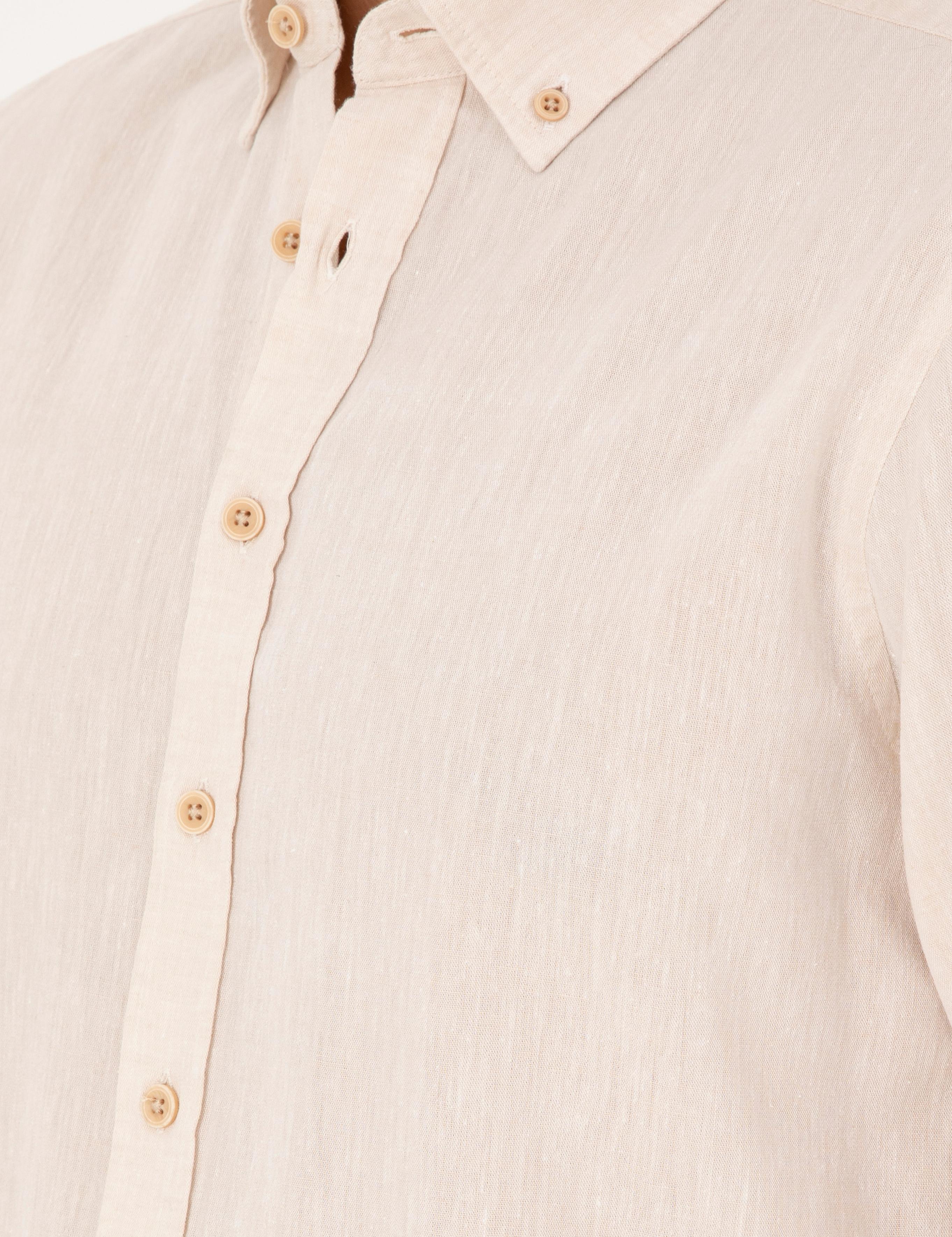 Bej Keten Karışımlı Regular Fit Uzun Kollu Gömlek