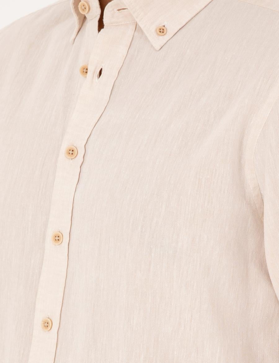 Bej Keten Karışımlı Regular Fit Uzun Kollu Gömlek