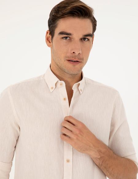 Bej Keten Karışımlı Regular Fit Uzun Kollu Gömlek - 50284168105