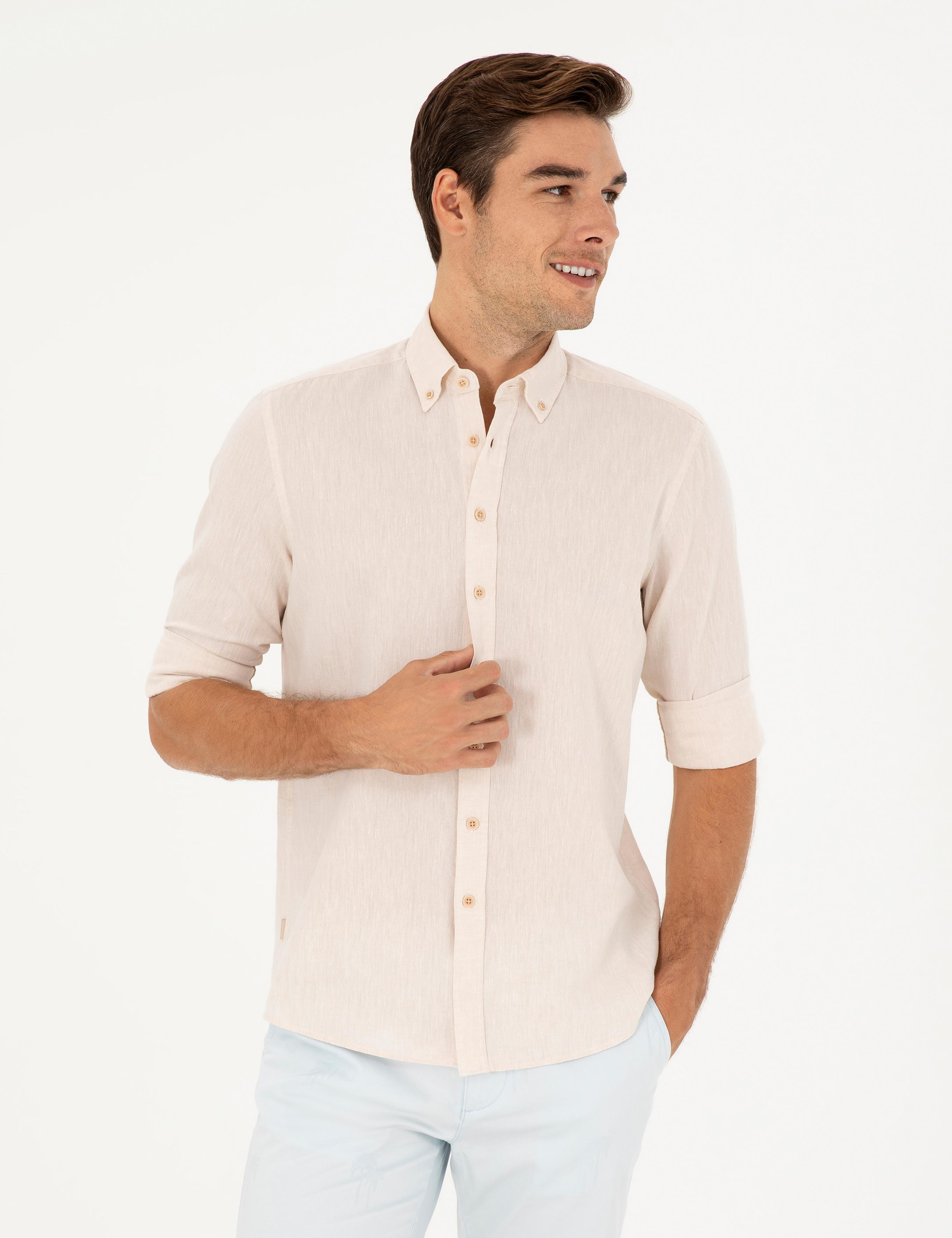 Bej Keten Karışımlı Regular Fit Uzun Kollu Gömlek